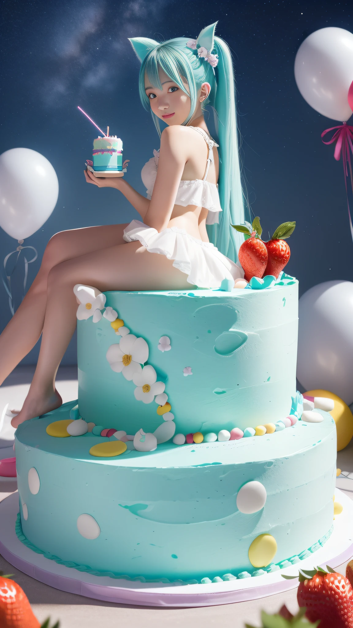 Hatsune Miku sits on a huge creamy birthday cake,The birthday cake is lit with colorful birthday candles,happy birthay,ssmile,exquisite facial features,Elaborate Eyes,Gentle and shy face,Peerless beautiful girl,Advancedsense,Hold the strawberry between the buttocks