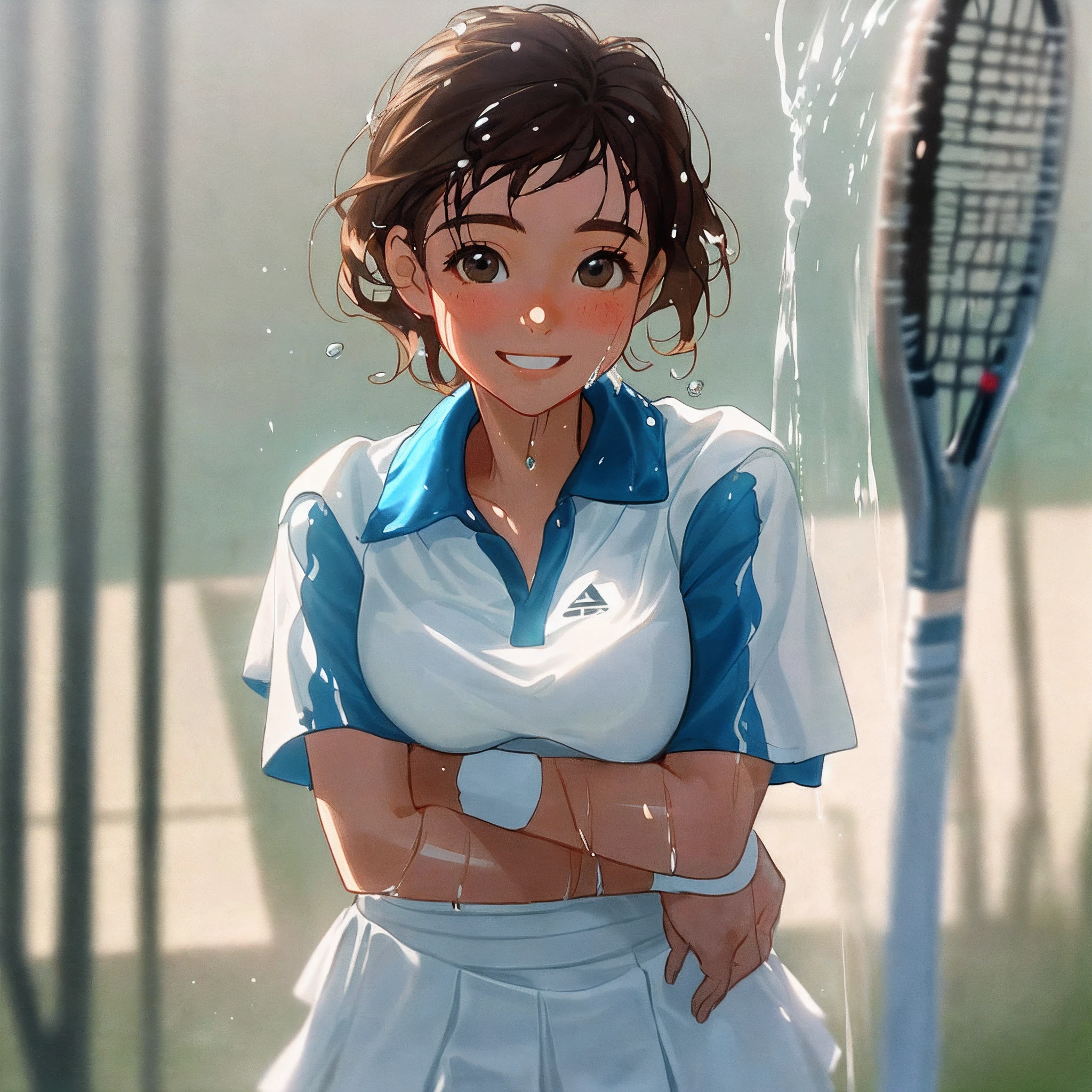 tmasterpiece, 1girl in, 独奏, glowing light eyes, White sneakers, tennis wear, white mini-skirt, white panties, white knee-socks, tmasterpiece, top-quality, hentail realism, ultra - detailed, blue-sky, tennis coat, (Extremely delicate and beautiful work), ((masuter piece)), (Best quality), glamour body, One lady, 20yr old, (Wear tennis clothes:1.5), (taut), (Sexually aroused face:1.4), ( shoulder cut hair,(Fair skin:1.2), Bright lighting, Natural lighting, Realistic lighting, lovely lips、delicated face、(hentail realism、Photo_Realistic:1.4)、((top-quality、tmasterpiece:1.3))、20yr old、((Brown hair))、((A shower、White turbid water))、((lewd poses))、((Functional))、((soaked breasts))、(((Soaked body)))、(((soaked pubic hair)))、A smile full of happiness、Poses that fascinate men、seduct smile、Upper body naked、((()))、(((Sex life)))、(((Expressions in a state of excitement))),Naked,one meter seven,blacksilk
