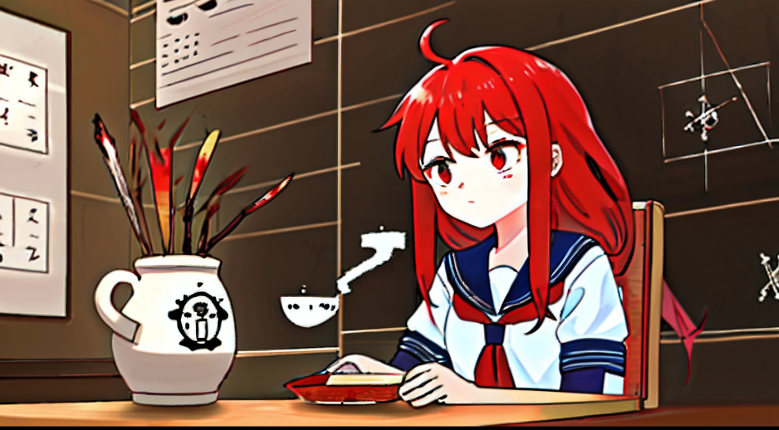 quadratic element，Sick，adolable，Kizi，Red eyes，Red pottery dyes long hair，Color gas，The upper body of a sailor's suit sitting on a table and chair，Black silk skirt at the bottom，Squeamish and cute，school ground