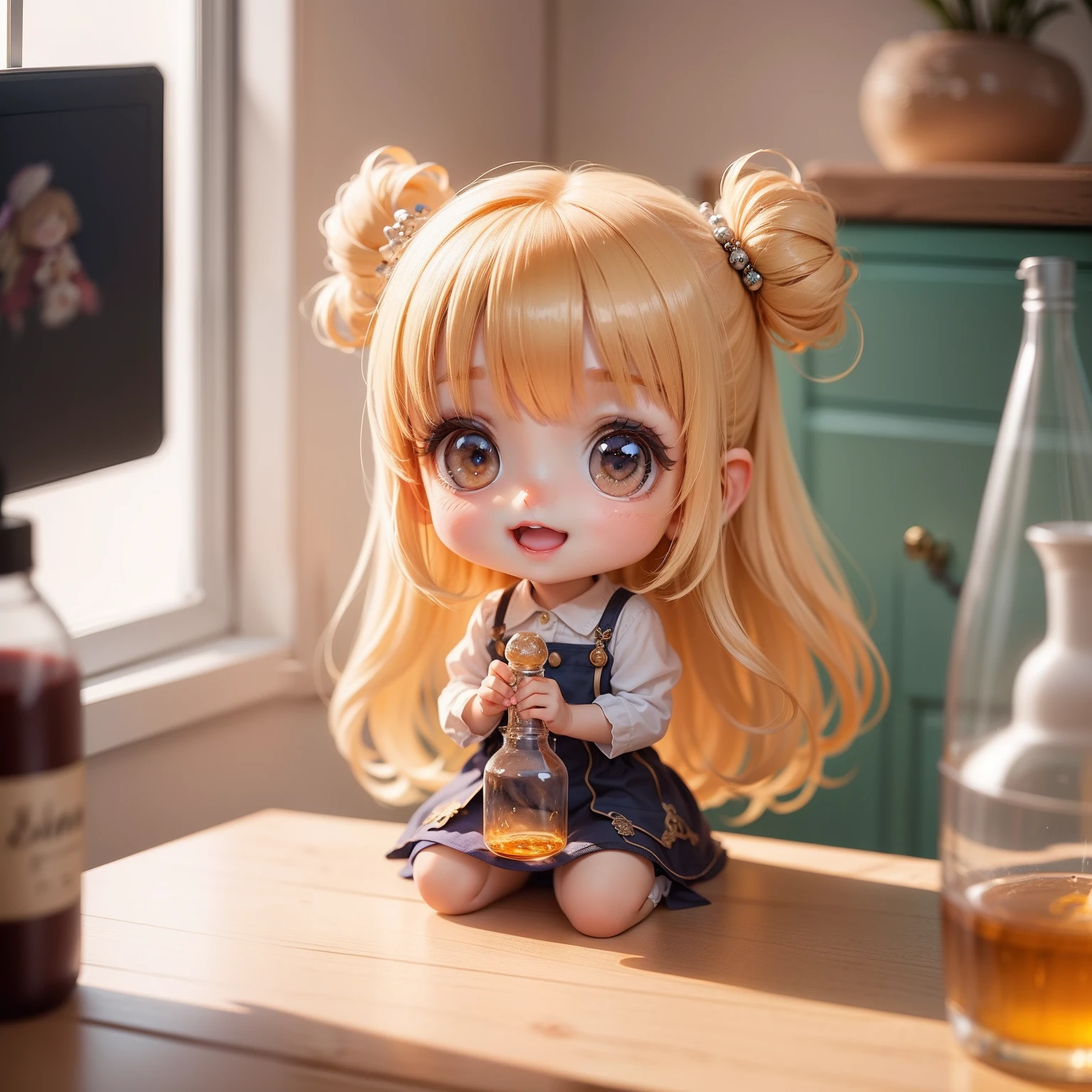 Cute Baby Chibi Anime,(((Super masterpiece、top-quality、ultra-detailliert、1 girl in、Chibi:1.5)))、in a house、Chibi Laboratory、scientist、Sitting in a test tube beaker、Smile with open mouth、a small face、Looking at the camera、A detailed face、highdetailskin、Wild Beige Hair、Light shines on the windowsill in a fairy tale(Chibi:1.4)