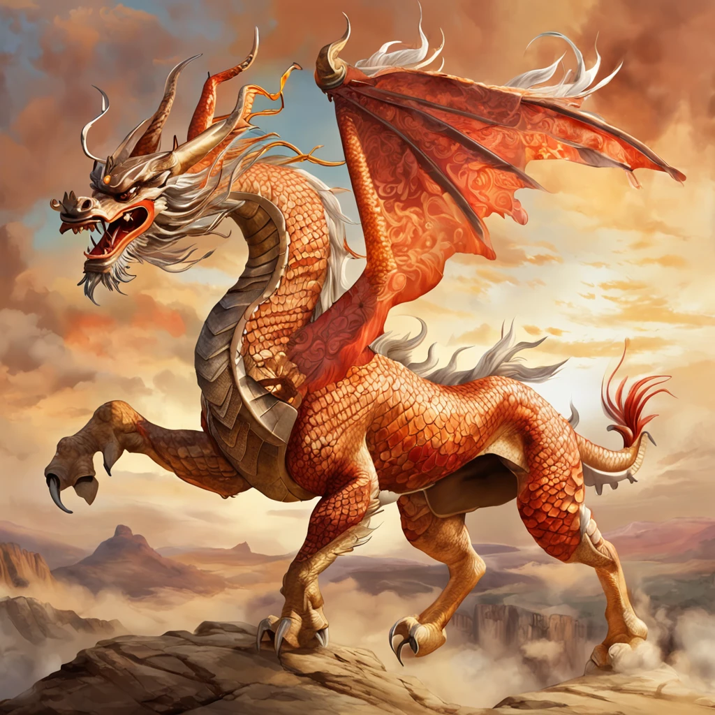 ighly detailed, ​masterpiece, fantastic quality, Ultra-high-definition CG images, Perfect litthing, realistic shadow, magnificent scene, Chinese Dragon (The body is a horse),dramatic sky, vivd colour.