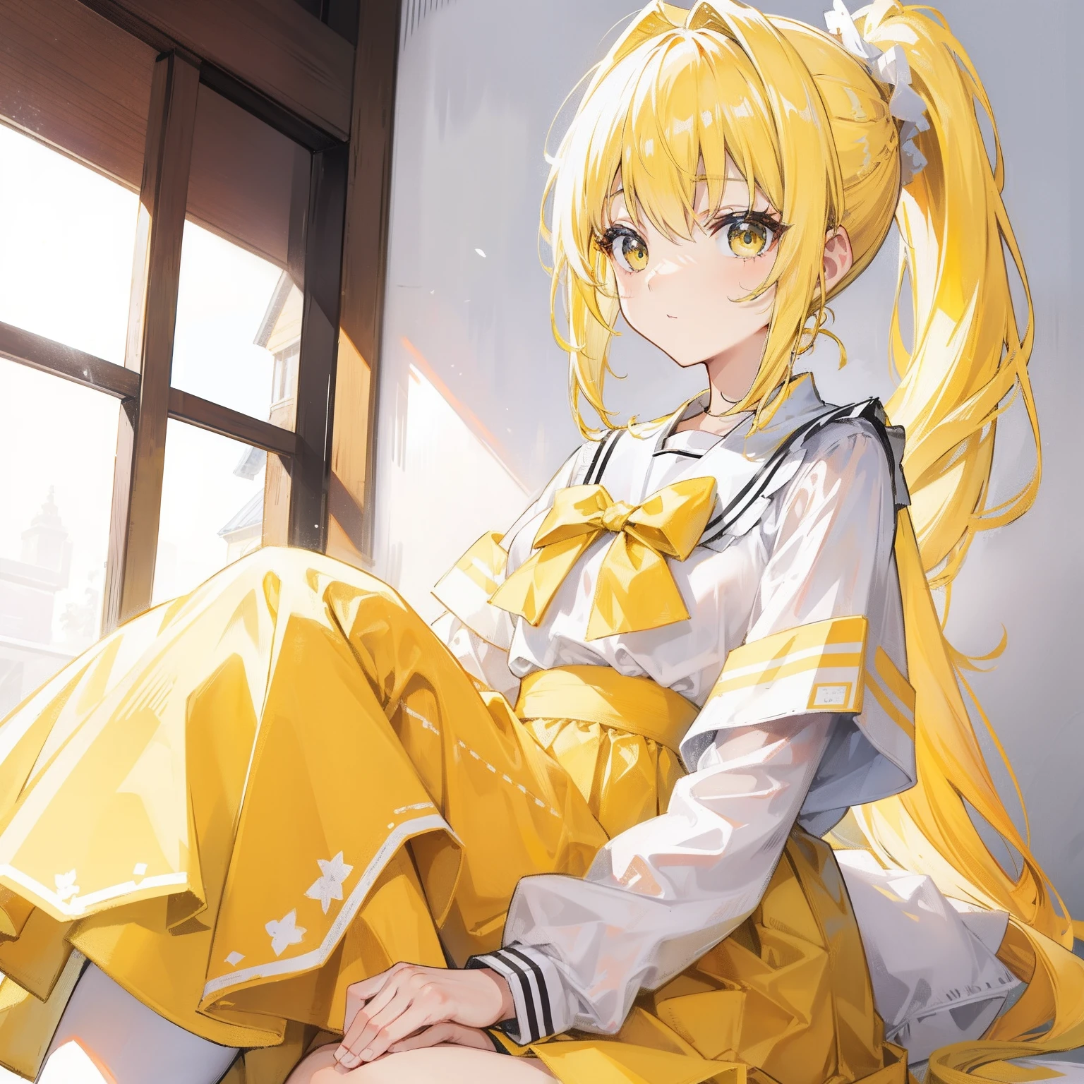 Yellow-haired ponytail,Yellow and white clothes