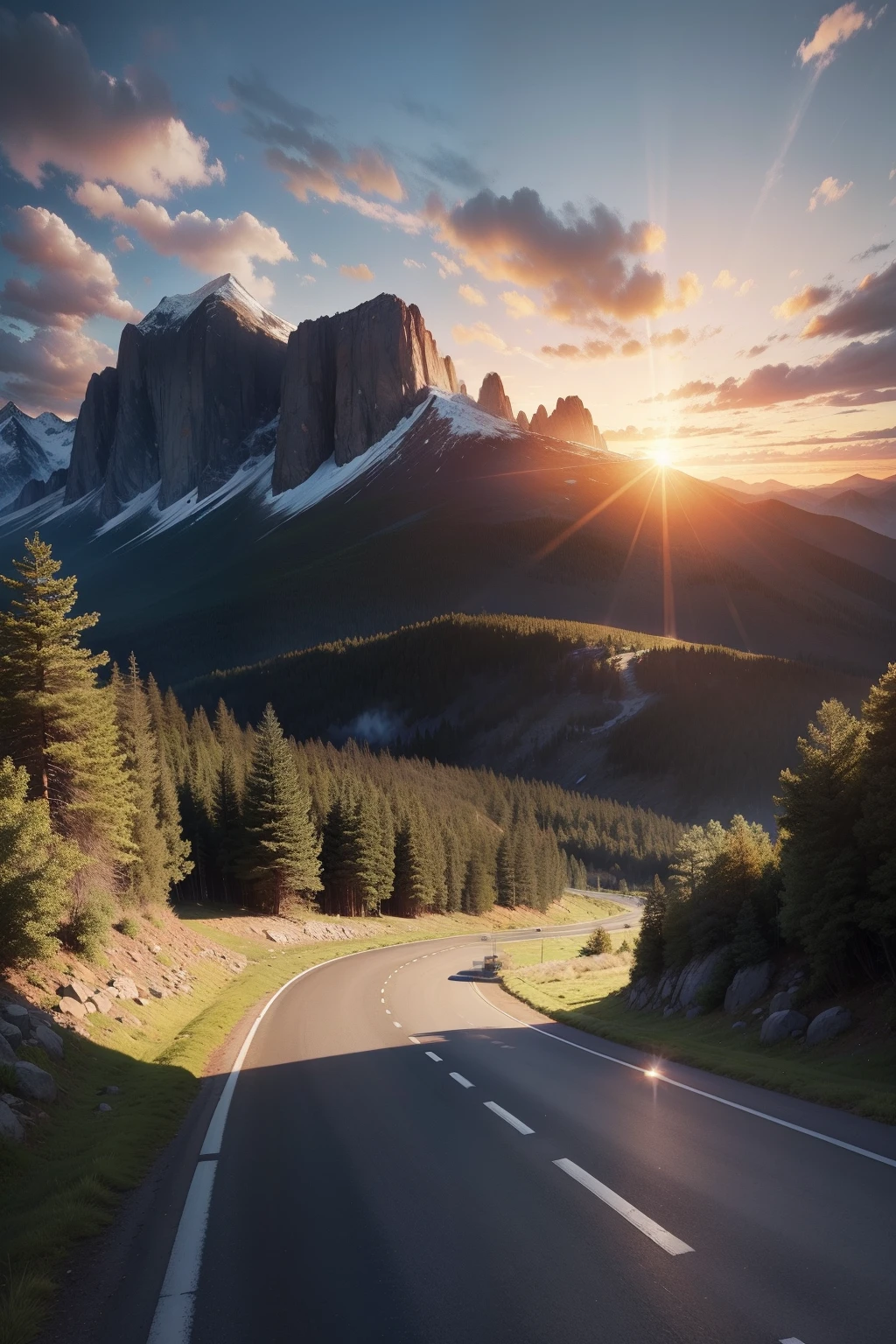 sunset, clouds, blue sky, mountains, forests, grasses, rocks on the road, buggy