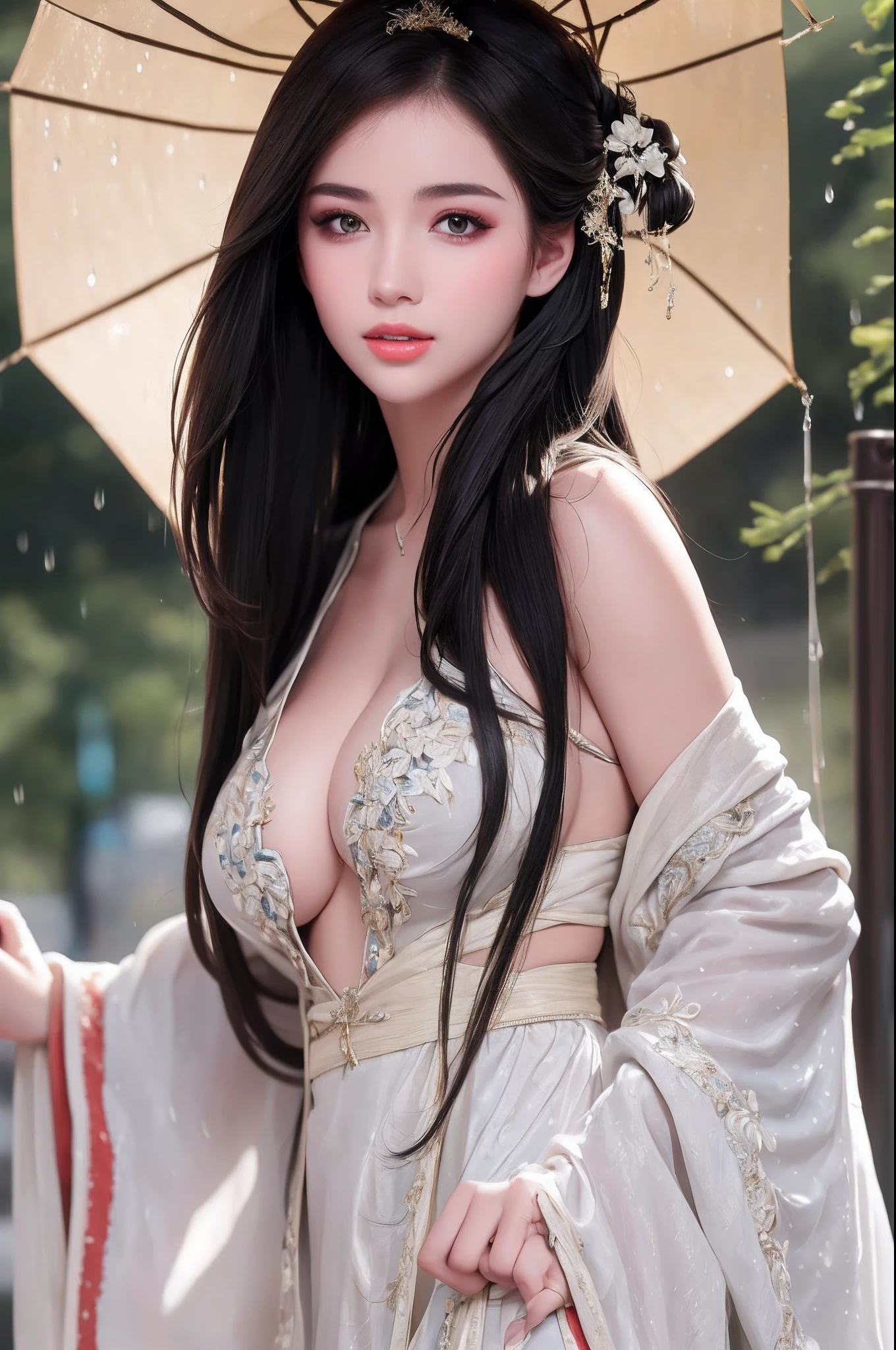 ((Best Quality, 8k, Masterpiece: 1.3)), Focus: 1.2, Perfect Body Beauty: 1.4, Buttocks: 1.2, ((Layered Haircut)), (Wet Clothes: 1.1), (Rain, Street:1.3), (Breasts: 1.2), (Hanfu: 1.2), Bare Shoulders, Bare Legs, Highly Detailed Face and Skin Texture, Fine Eyes, Double Eyelids, Whitened Skin, Long Hair, (Shut Up: 1.5), (Bokeh Background: 1.5), Big Breasts