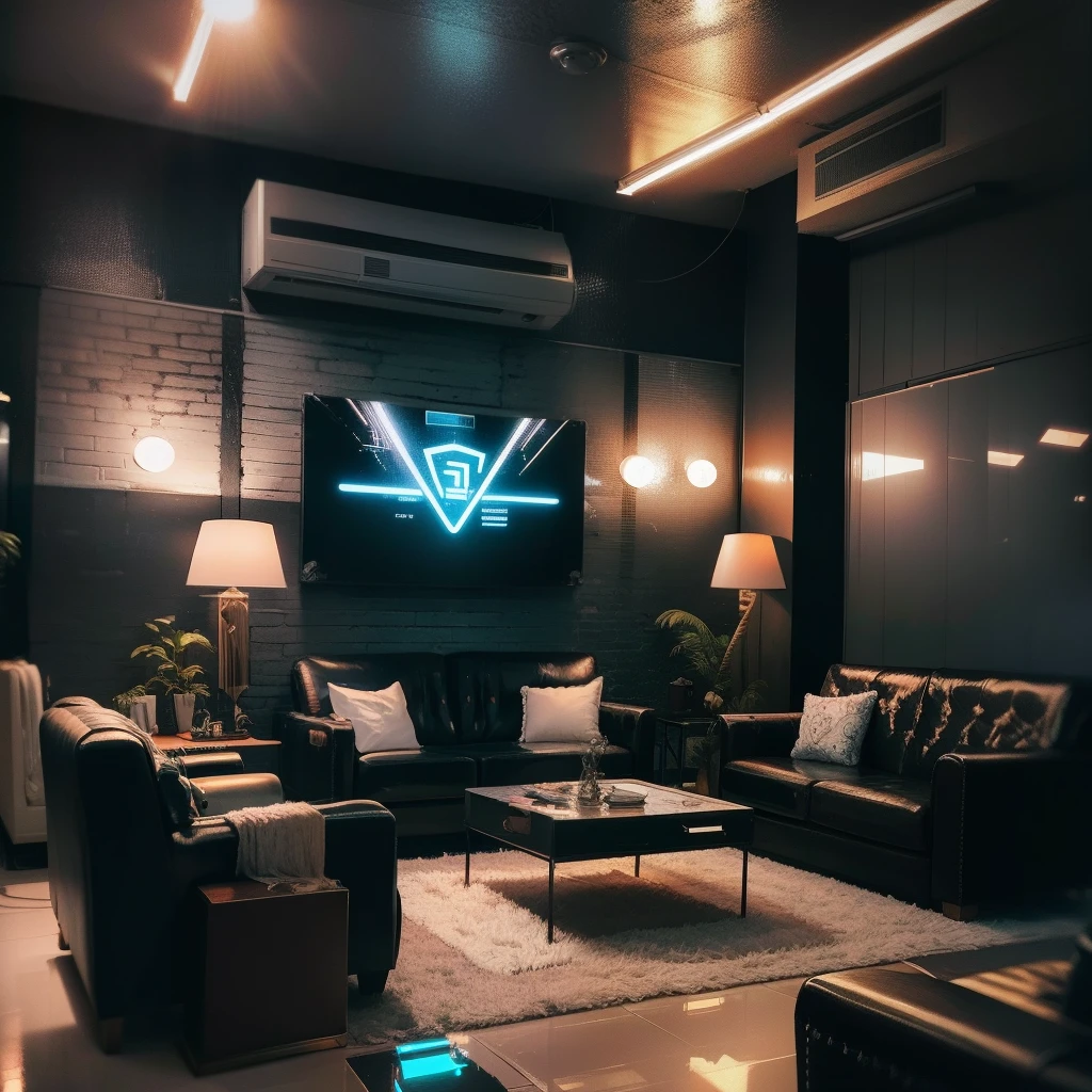 mulher nua, Standing in the middle of the room, Design de Interiores Fotografia de uma sala de estar moderna com um toque de cyberart, capturado em um apartamento estilo loft. O quarto apresenta um design de conceito aberto, com paredes de tijolos aparentes e elementos industriais. Cybernetic art installations are seamlessly integrated into the space, with large digital screens displaying dynamic and ever-changing pieces of digital art. The furniture is a mix of modern and vintage pieces, with a comfortable leather sofa and retro-inspired chairs. The room is illuminated by a combination of natural light and strategically placed reflectors, creating a dramatic atmosphere. The space is completed with metallic details, esculturas abstratas, and neon lighting, adicionando uma vibe futurista e ousada. --s 1000