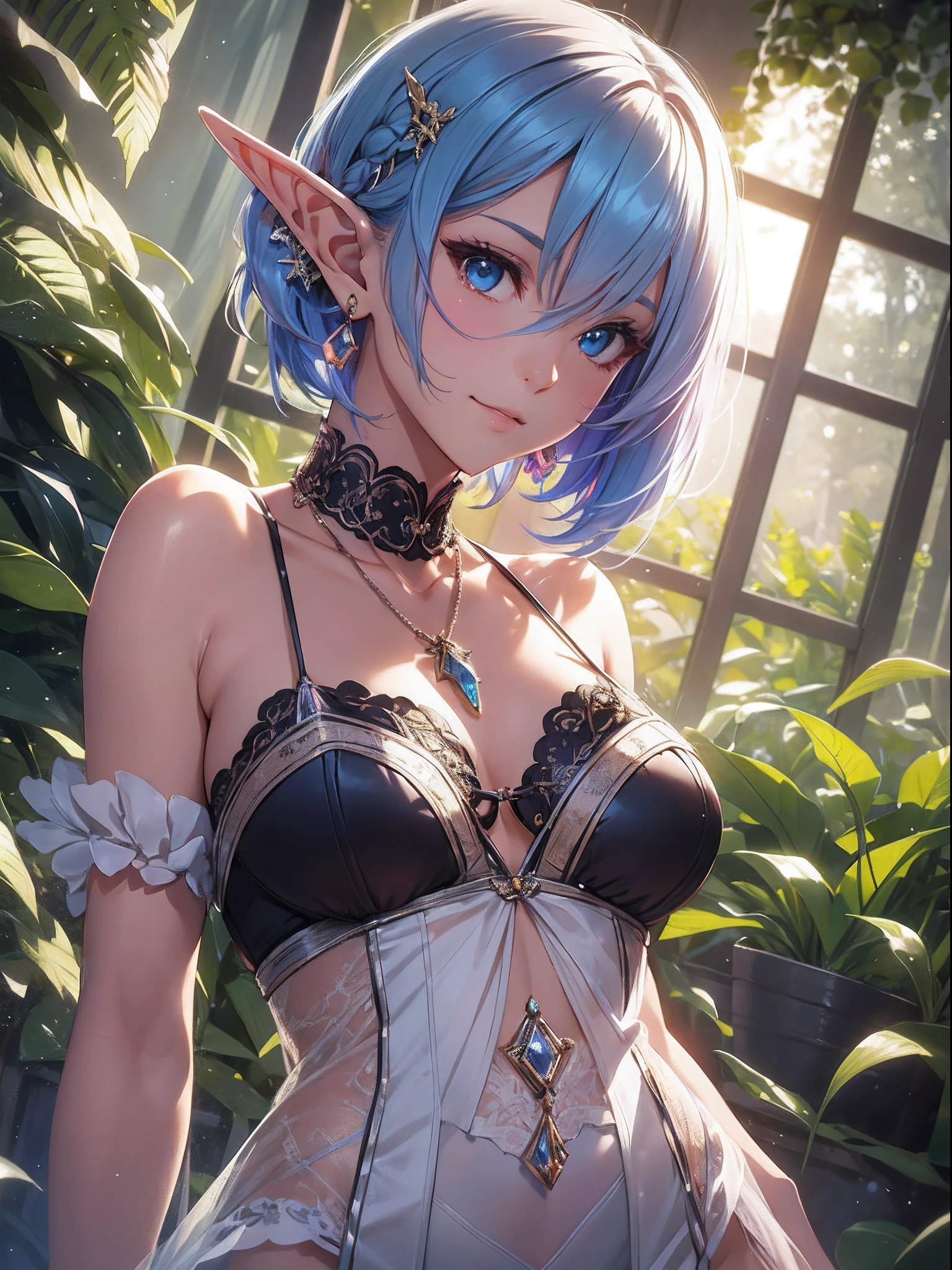 Cute elf girl,short detailed hair,Exquisite Hair,Colored inner hair,Pick and dye your hair,Colorful hair,With Ultra HD details,Professional lighting and lighting。Delicate, Tall and tall,Stockings,Delicate earrings,Delicate necklace,light breeze,Brighter scenes,More refined facial features,eyes with brightness,Light smile,anaglyph,tachi-e,Atmospheric perspective,High detail backlight,Chiaroscuro,full bloom,Ray trajectories,Perspective top-down,super detailing、acurate、best qualityer、Textured epidermis、Anatomically correct