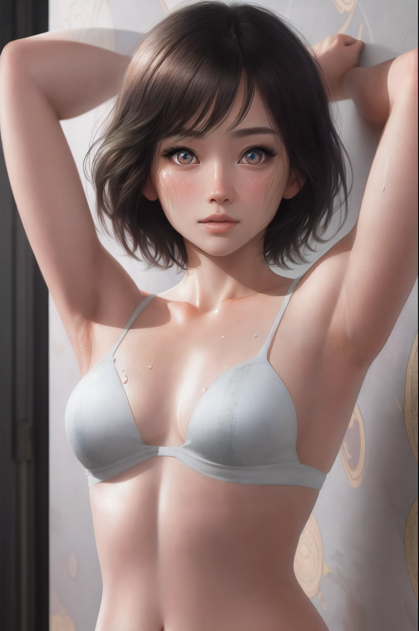 Naked,and wear no underwear,(Hyper Real), (illustration), (High definition), (8K), (High definition), (Best Illustration), (Beautiful detailed eyes), (Best quality), (Super detail), (tmasterpiece), (the wallpaper), (Detailed face),Sweaty,up of the upper body,Armpits,Short hair,Female Student, Japan person, Lower