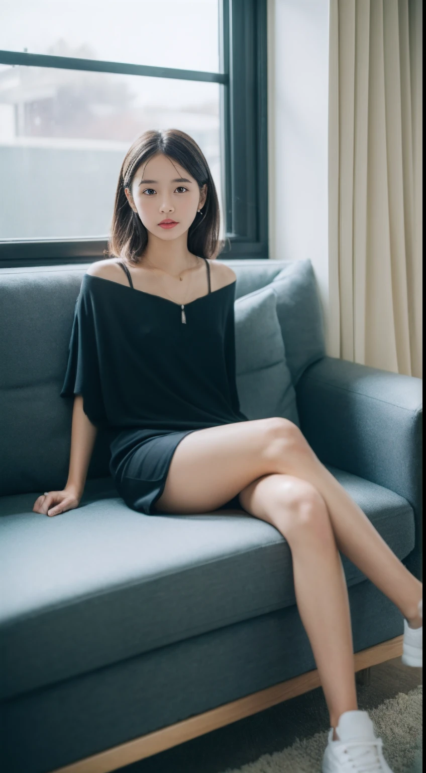 ((Best picture quality, 8K, tmasterpiece:1.3)), 1girll, Casual hairstyle, (shift dresses:1.3),(wet see through clothes:1.4),Ultra-fine face, A detailed eye, 二重まぶた,(long leges:1.4),(athletic sneakers:1.3)Erlang legs,Sit sideways on the sofa
