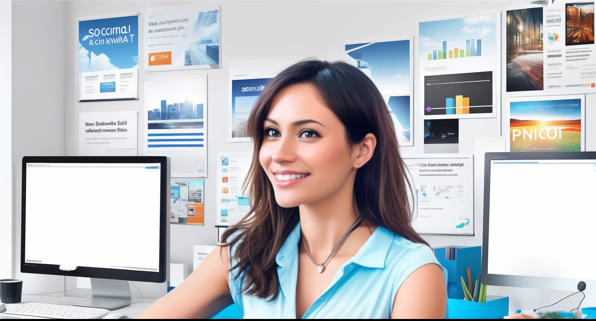 office, Poster advertising social networks, Large screen monitor