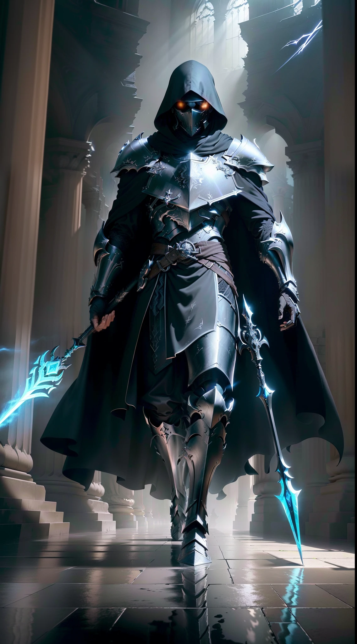 A masterpiece, the best quality, stunning reflections. (very detailed CG unity 8k wallpapers), (best quality), (best illustrations), (best shadows), 1man, Death God, black robe, hood, faceless, light wing,, wing of light, holding spear of light, heavy plate armor, mediaval armor, dark vibe, valley of darkness background