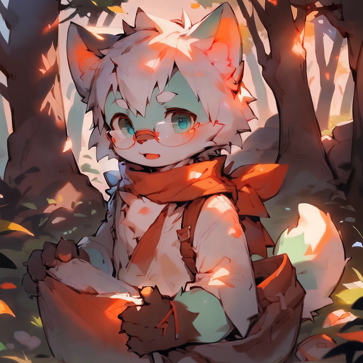cartoon cat with glasses and a red bow tie, professional furry drawing, a handsome cat fursona with teal fur color, chest is has white fur, half of face is also teal and white, white hair, fluffy cat ears, wearing round glasses, white neck fluff,  peeking his head out of a cozy fox den in the forest. He has orange fur, a bushy tail, and perked up fluffy big ears. He wears a green adventurer's cap and scarf. His eyes are bright with wonder as he surveys the lush woods outside the den, sunlight streaming through the trees. Small birds flutter nearby while a deer passes in the distance. The fox cub has an excited, eager expression, ready to explore the outside world.
BREAK
anthro,furry,feral,(digital media \(artwork\):1.2),(hi res,absurd res:1.2),perfect anatomy,anatomically correct,detailed,detailed face,detailed eyes,(realistic fur,detailed fur:1.25),detailed background,amazing background.
BREAK
(by puinkey \(artist\):1.2),(by unrealplace,by kuroisumi,by milkytiger1145,by moki,by emolga 1,by ovopack:1.2),(by cydonia xia:0.8),(by Pino Daeni:0.8),(by hioshiru:0.8),(by chunie:0.8).