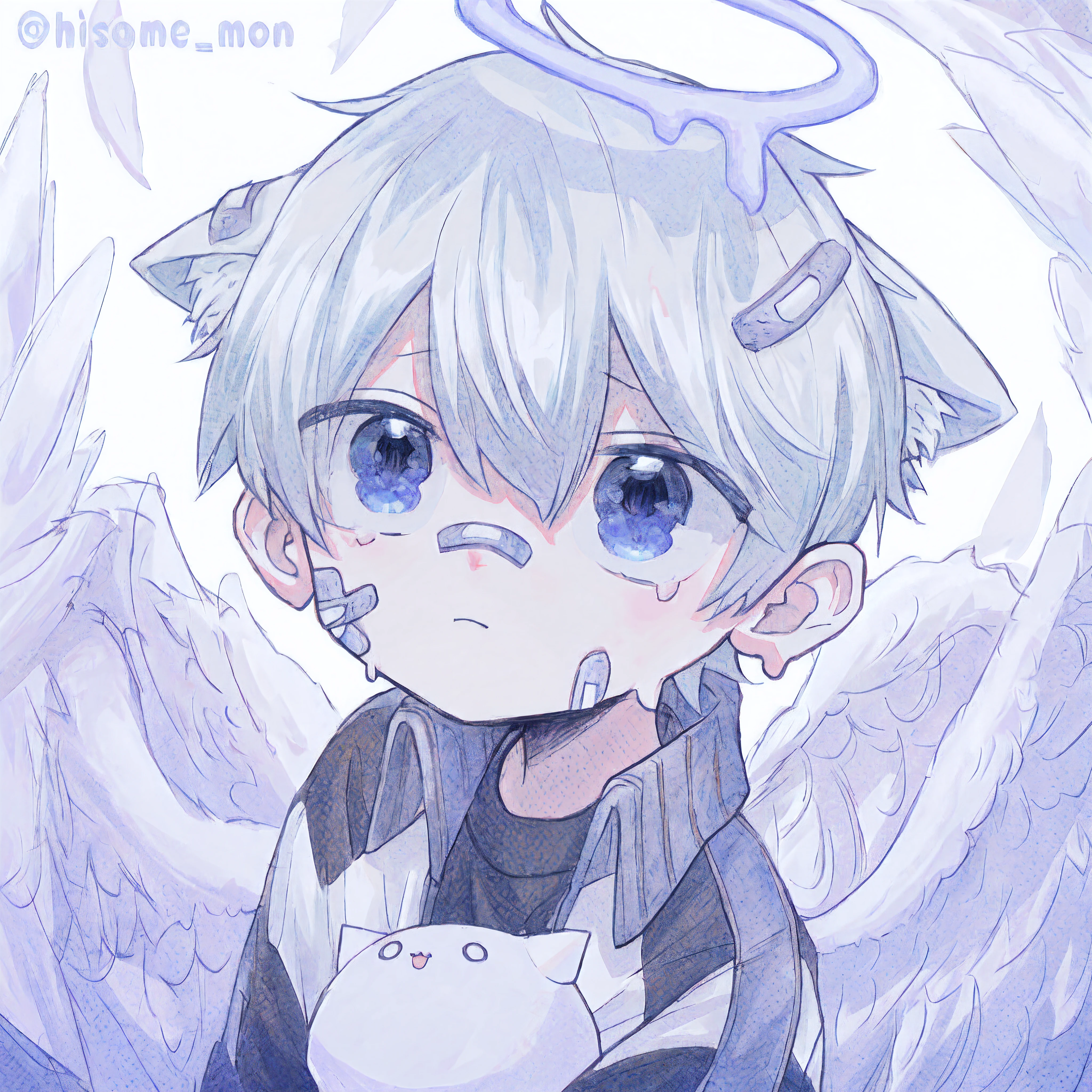 Anime boy with angel wings and cat in arms, Soft anime illustration, Detailed fanart, in an anime style, Demon Boy, 2 d anime style, anime moe art style, demon slayer rui fanart, High-quality fanart, official fanart, In anime style, Anime boy, zerochan art, made with anime painter studio, winged boy, Digital art on Pixiv