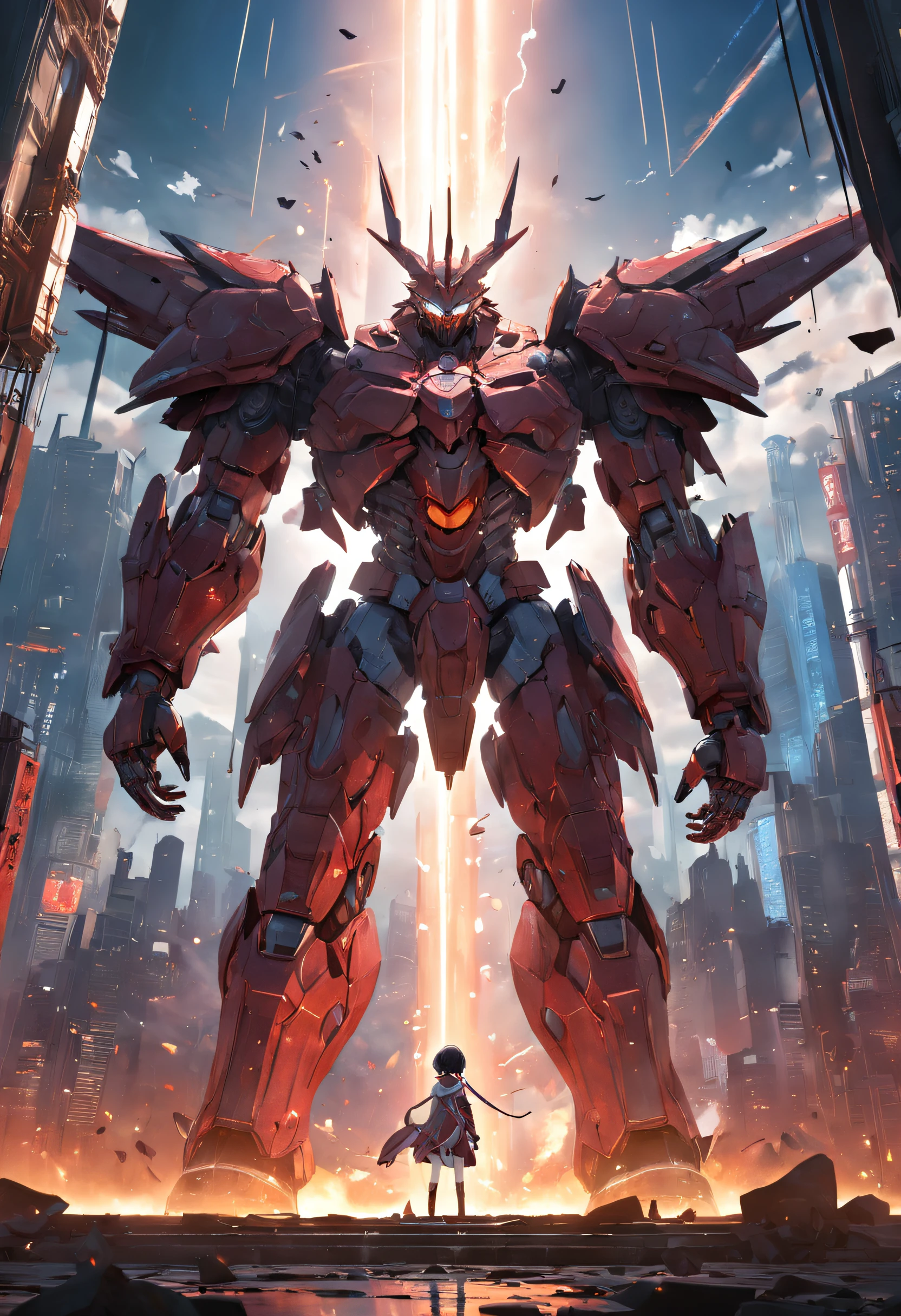 (extremely detailed CG unity 16k wallpaper:1.1), (Denoising strength: 1.45), (tmasterpiece:1.37), masterpiece), (super delicate), (extremely delicate and beautiful), (Realistic style:1.2), cel shading, (dynamic angle), War Photography, (giant monster:1.8), solo, (Missile Bombing:1.3), complex details, metal armor, blood, metal texture, Visual impact, Backlight, (dark intense shadows), broken buildings, detailed and intricate, ruins, fog, (magic array circle the sky:1.5), (illustration), hyperrealism, god rays, sparkle, glowing light, (best quality)