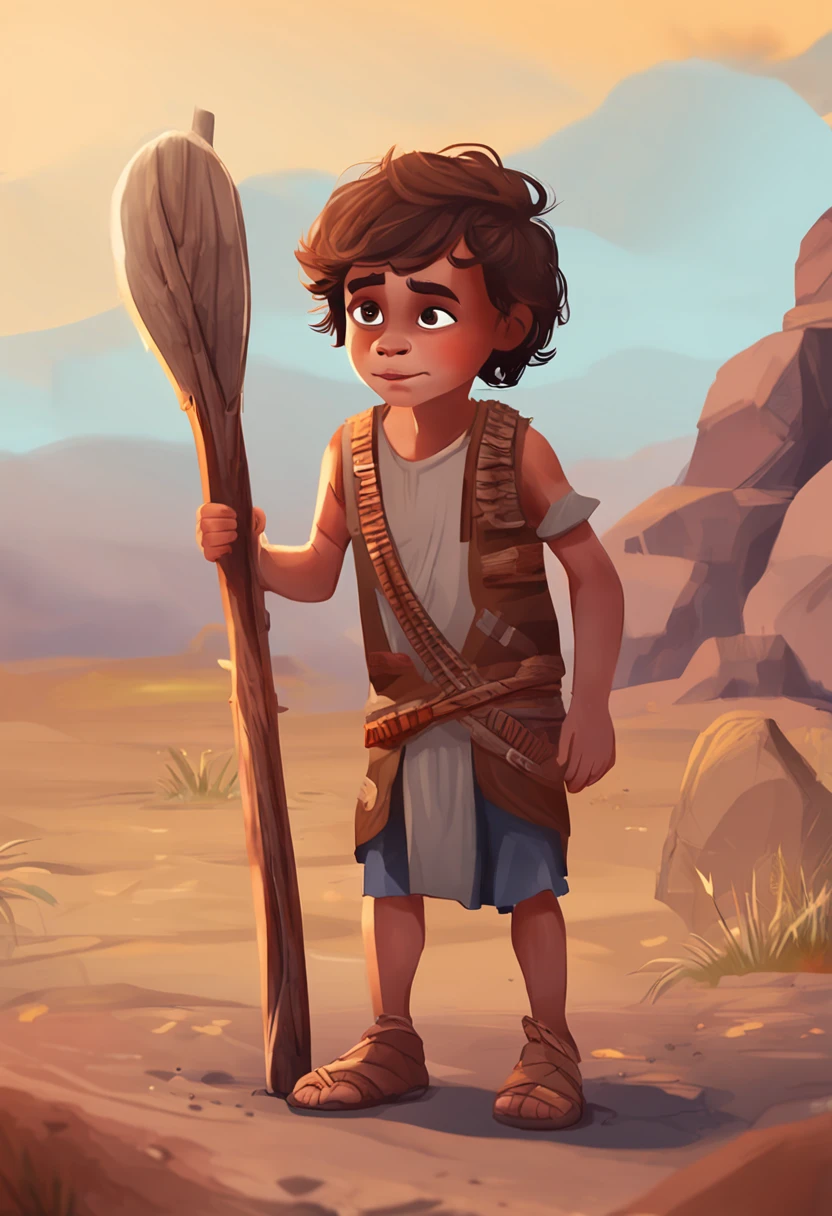 A 6-year-old boy, brown  hair, full bodyesbian, Animal skin clothing, Cute，With a stick in his hand，Standing in the Stone Age