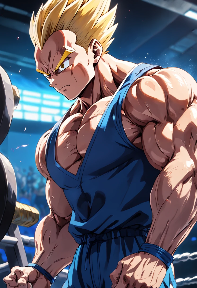 A detailed drawing of Vegeta training biceps intensely at a bodybuilding gym.