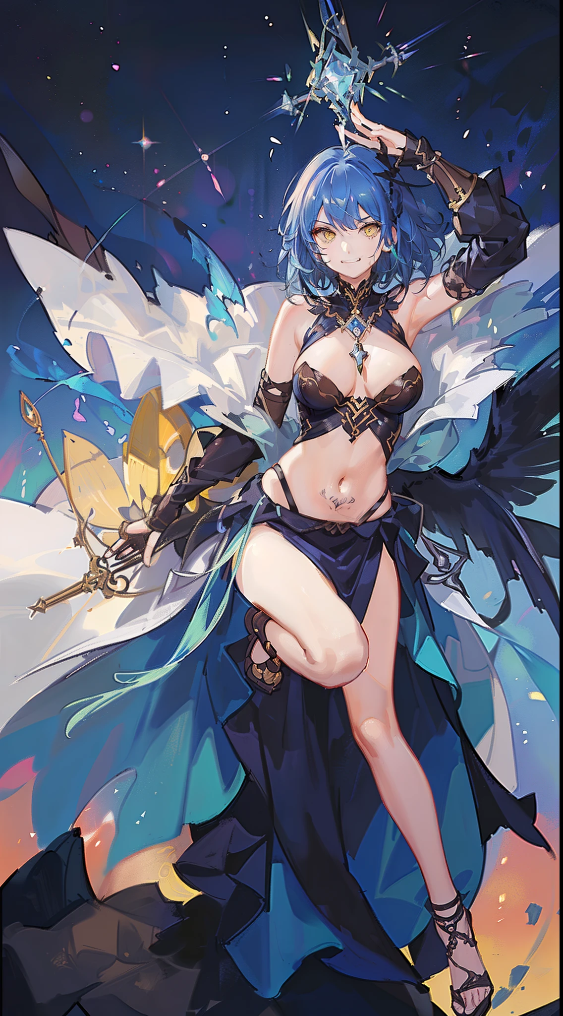 Adult woman, Short blue hair, Yellow eyes, tattoo, Dark magic dress, Sleeveless, open belly, open breasts, cloak, smirk, Masterpiece, hiquality