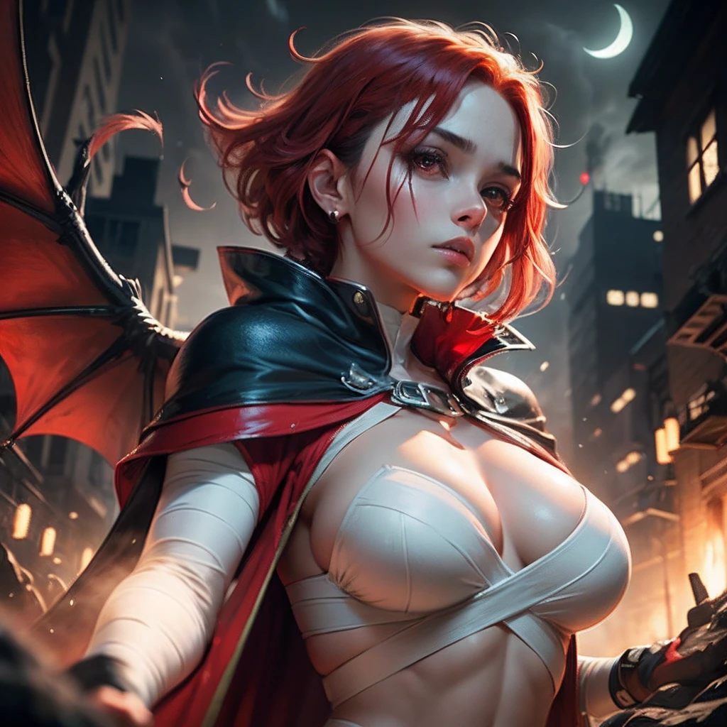 anime style,(RAW photo, 4k, master piece, very high resolution, extremely complex)(realistic: 1.4),(Bandage wrapped around head),(pointed ear),(big red bat wings), Cinematic lighting, (((a female character))), focus on alone, (Night), mist, medieval(Style), ( best quality ), (Tall),(dark skin tone) (short red hair),( large flowing red cape),(red and black full clothes),(8k expressionless face),(red eyes),(ULZZANG-6500:1.0),(alone),(Viewers),(penetrate gaze), (side),(Mysterious catacomb environment),((speed)),(reality),artistic --auto --s2