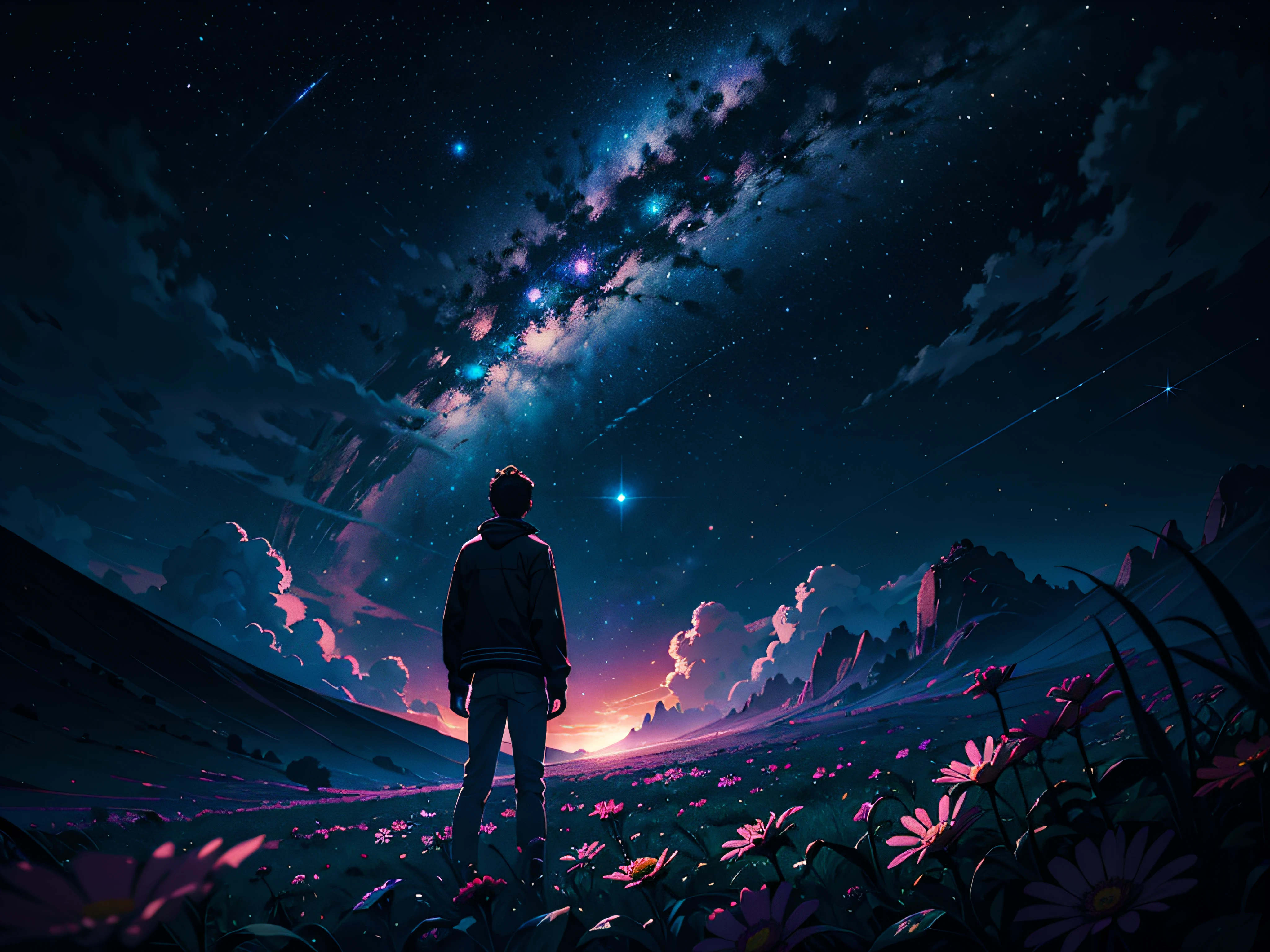 4k Landscape, beautiful stars at background, looks like a dream, sky looking extremely beautiful, ultra resolution, perfect lighting, Dark space, space photo, extremely beautiful, fantasy world, young guy standing on flowers, looking at the sky, dark vibes, perfect color grading, a planet at the sky