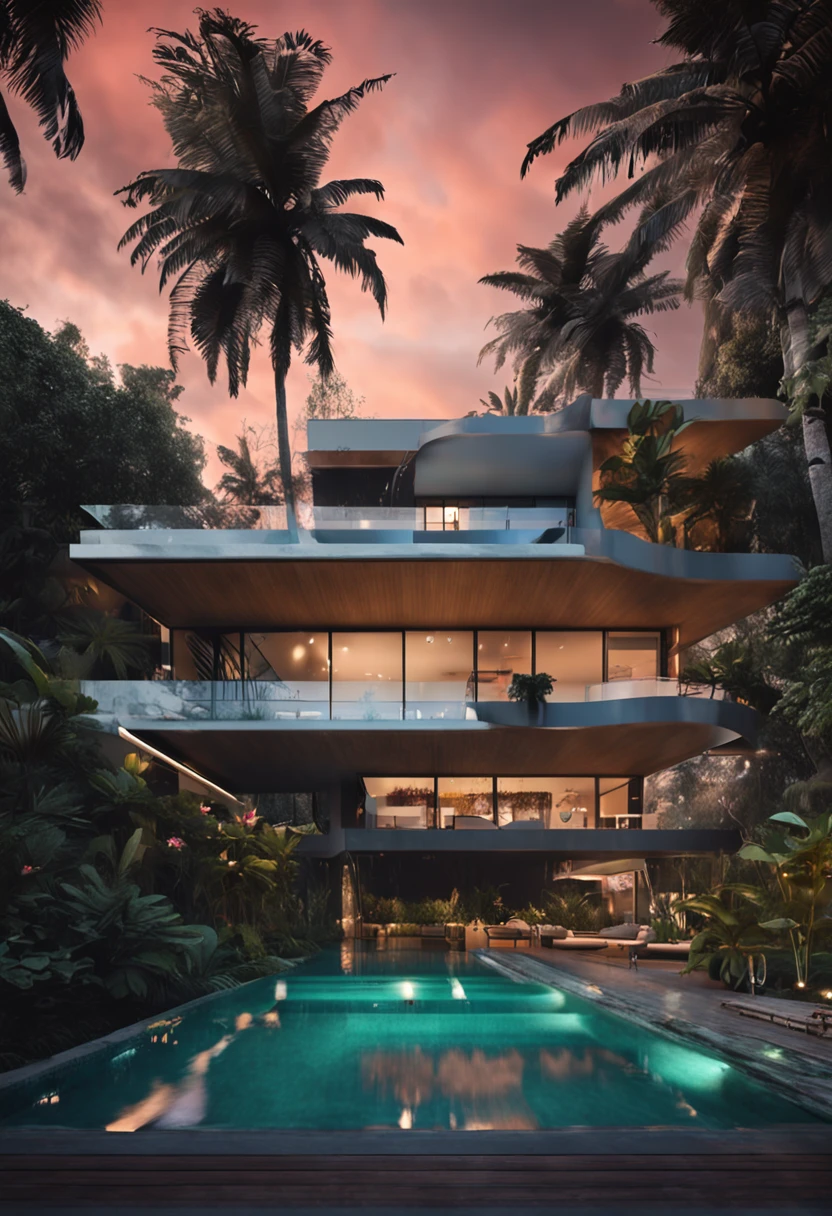 Single-family duplex house next to a tropical body of water and forests