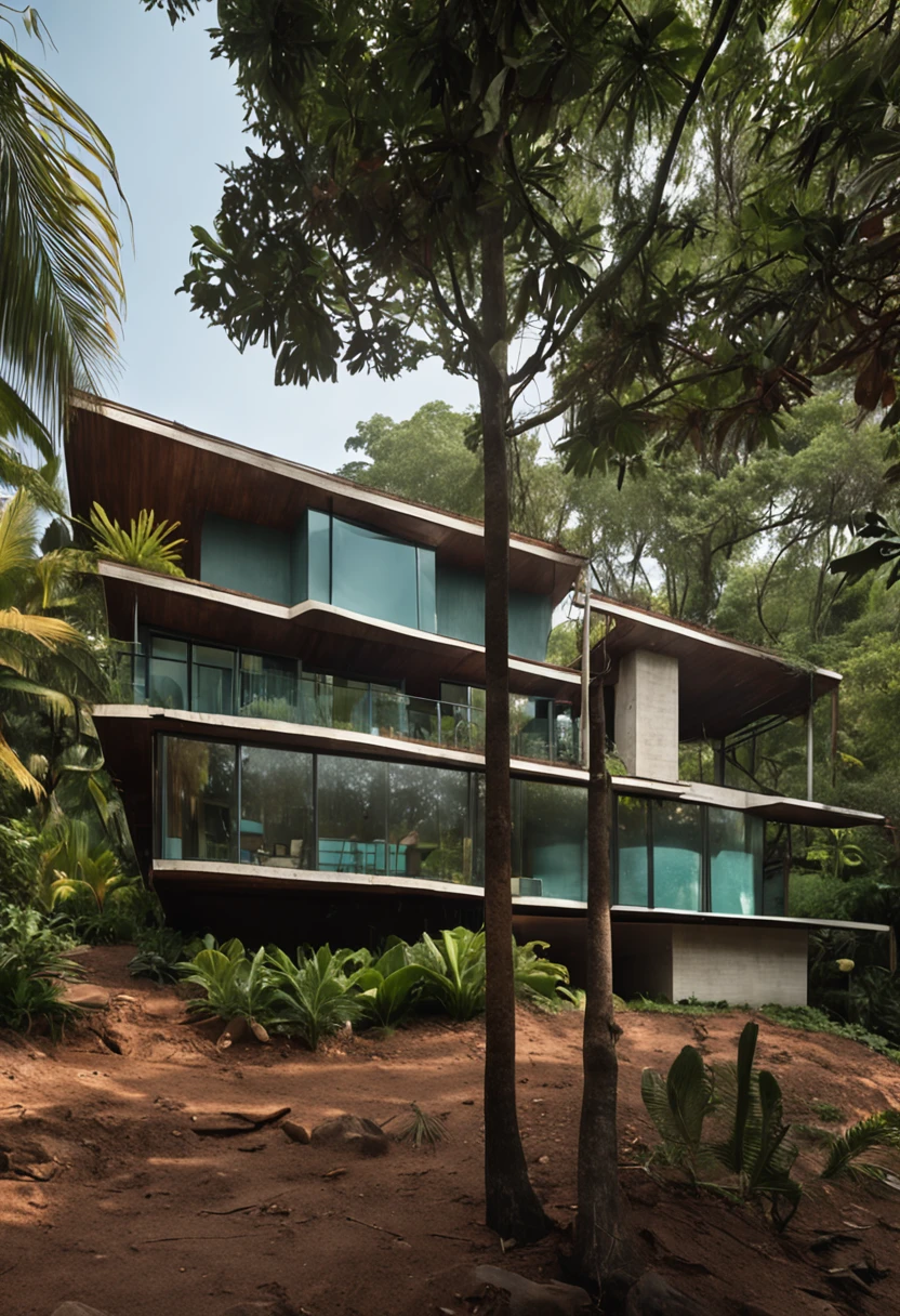 Single-family duplex house next to a tropical body of water and forests