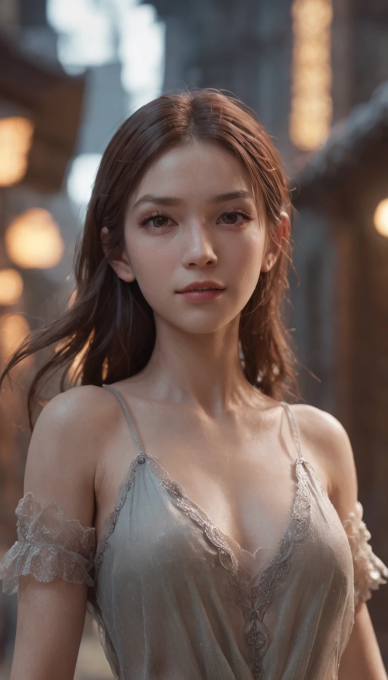 (Professional 3D Rendering:1.3) in the (Realistic:1.3) the most beautiful art in the world, Amazing place., Towering surroundings)), Full Body 8K Unity Display, Action shooter, Skin pores, The light is very dark., heavy shading, Detailed, Detailed face, (Vibrant, Photorealsitic, Realistic, Breathtaking, Dark, Crisp focus, 10), (high-detail:1.4), Digital Painting, Octane number, Art Station, Concept art, Smooth, Crisp focus, Illustration, Nose, (Roisch:0.23), (Global Illumination, studio lights, Volumetric Lights), Heavy rain, Particle Float, ((Dark ancient city background:1.3)),CG Sessa,Art Station Random gestures, (extremely delicate and beautiful work), (masutepiece), 1girl in, Girl in shiny transparent chest island dress, high-detail, leaky waist, ponytail contorted, A charming expression, Beautiful and clear eyes, green eye pupil, delicate necklaces, Delicate earrings, Simple blurred background, extreme detail description, Beautiful, Ultra-fine painting, Subtle delicate face, Subtle shapes, Fine., thin clavicle, Cute fine lips, High-quality beautiful breasts, soft behind, mix4,(10, Raw photo, top-quality, masutepiece:1.2), (Realistic, Photorealsitic:1.37),1girl in,kawaii,A city scape, during night, it is raining, Wet, Professional Lighting, photon maping, Radio City, Physically Based Rendering,(Beautiful little hard:1.3),(Saw the head of the dress.:1.8),(Glossy:1.2),(Transparent:1.9),Blonde hair.Full body, CG Sessa,Art Station