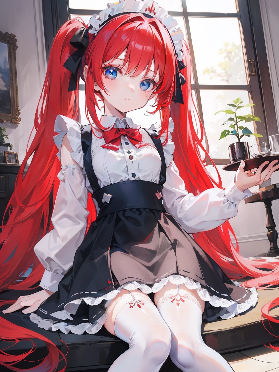 red hair,blue eyes,twintails,maid, long hair, long sleeves, gothic, solo, loli,Short skirt, white stockings,{{best quality}}, {{masterpiece}}, {{ultra-detailed}}, {illustration}, {detailed light}, {an extremely delicate and beautiful},little girl,cute,