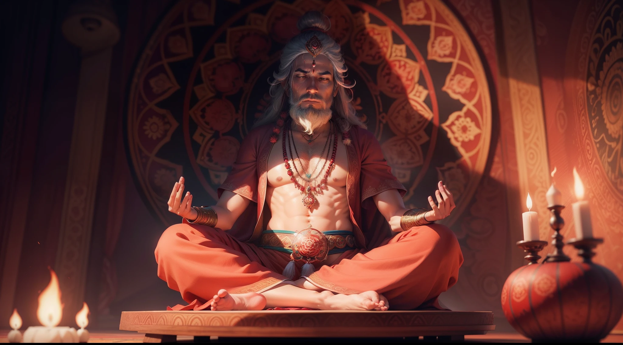 a mystical guru in meditation posture, in the background is a vivid striking red mandala, high detail, octane rendering, 4k, hd