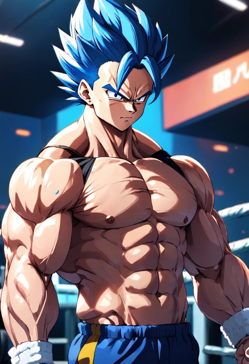 A detailed drawing of Vegeta's intense workout biceps at a bodybuilding gym.