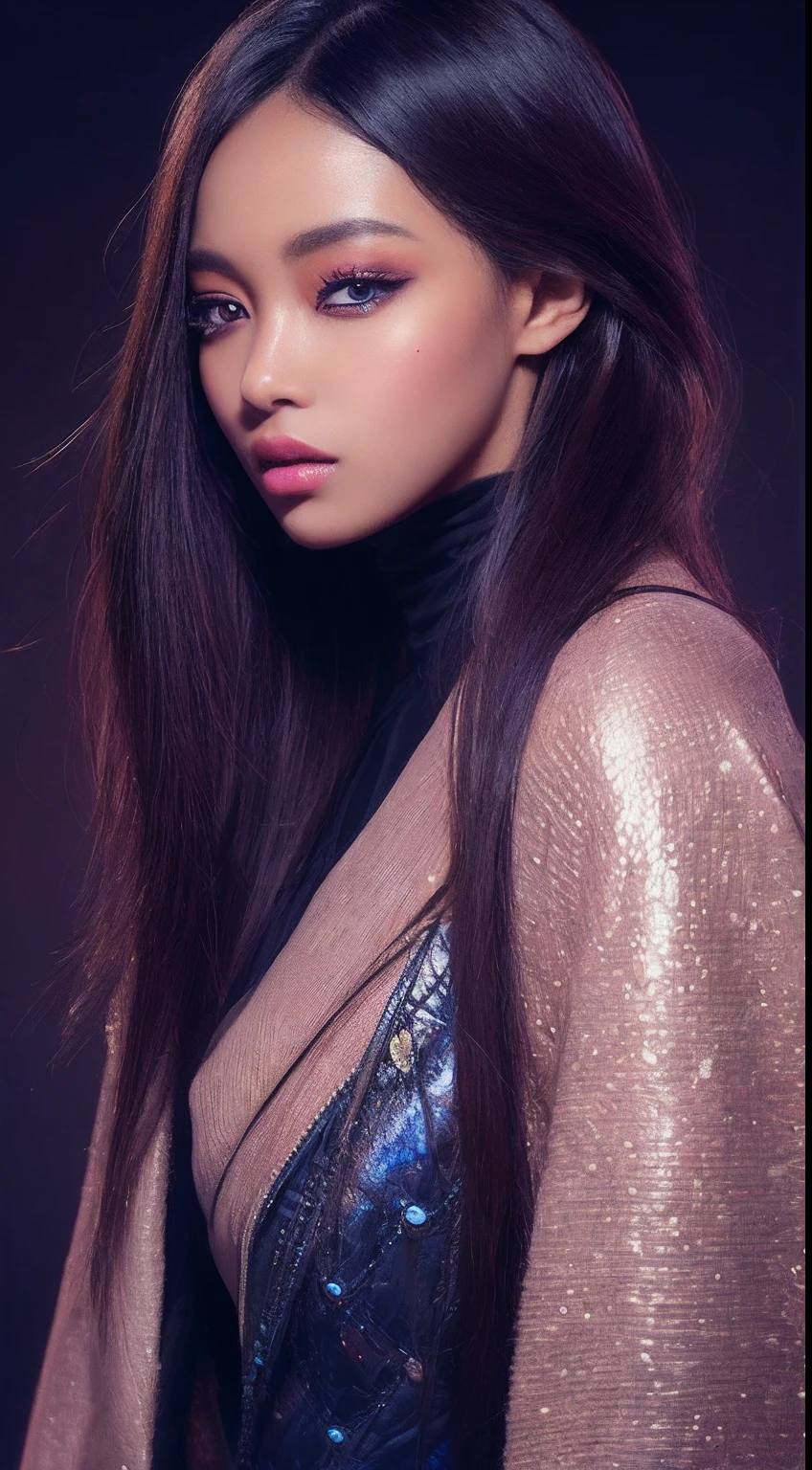 one African model , hair model, Unique hair details, cyberpunk fashion, Near future, Curvilinear details, double eyelid, plump lips, professional makeup, starlight