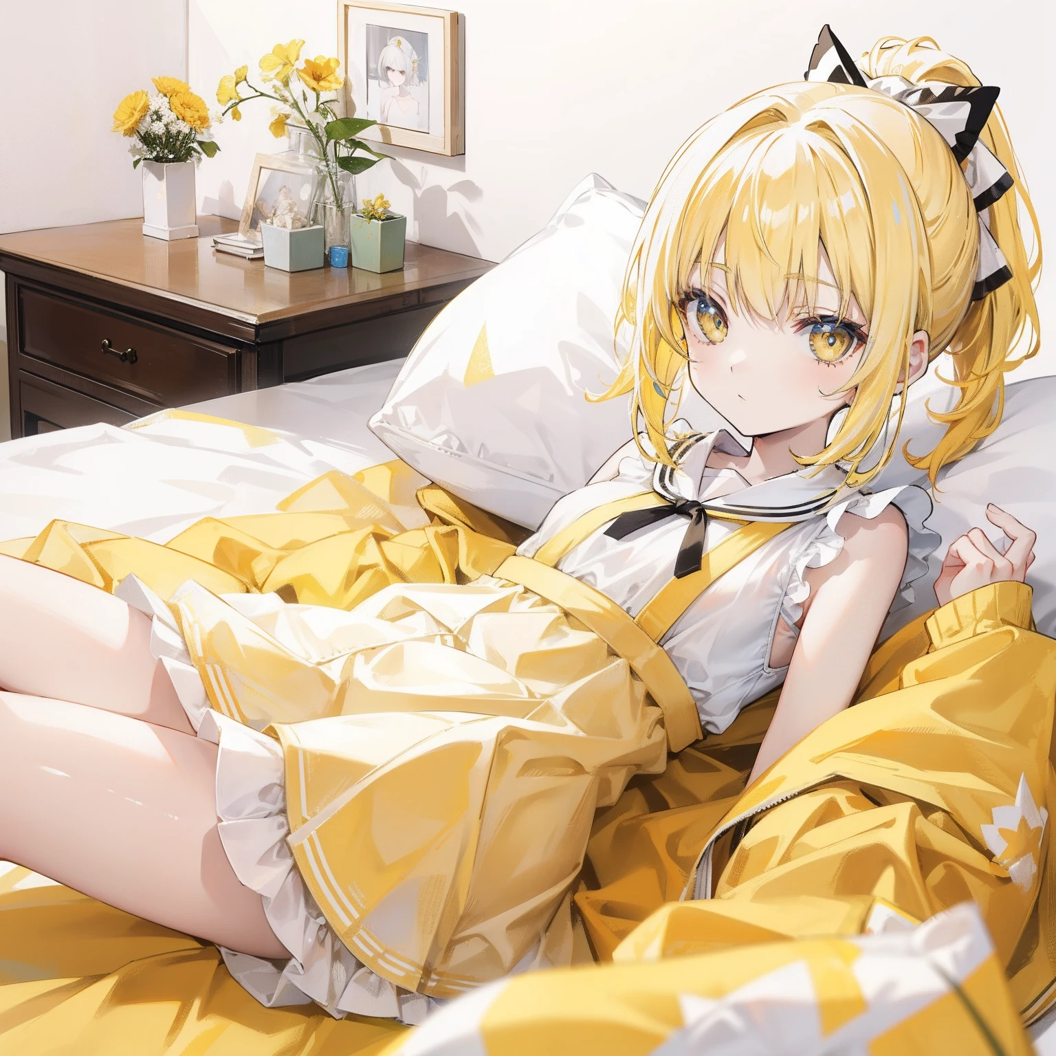 Pale yellow hair with ponytail，yellow and white clothing，Petite loli