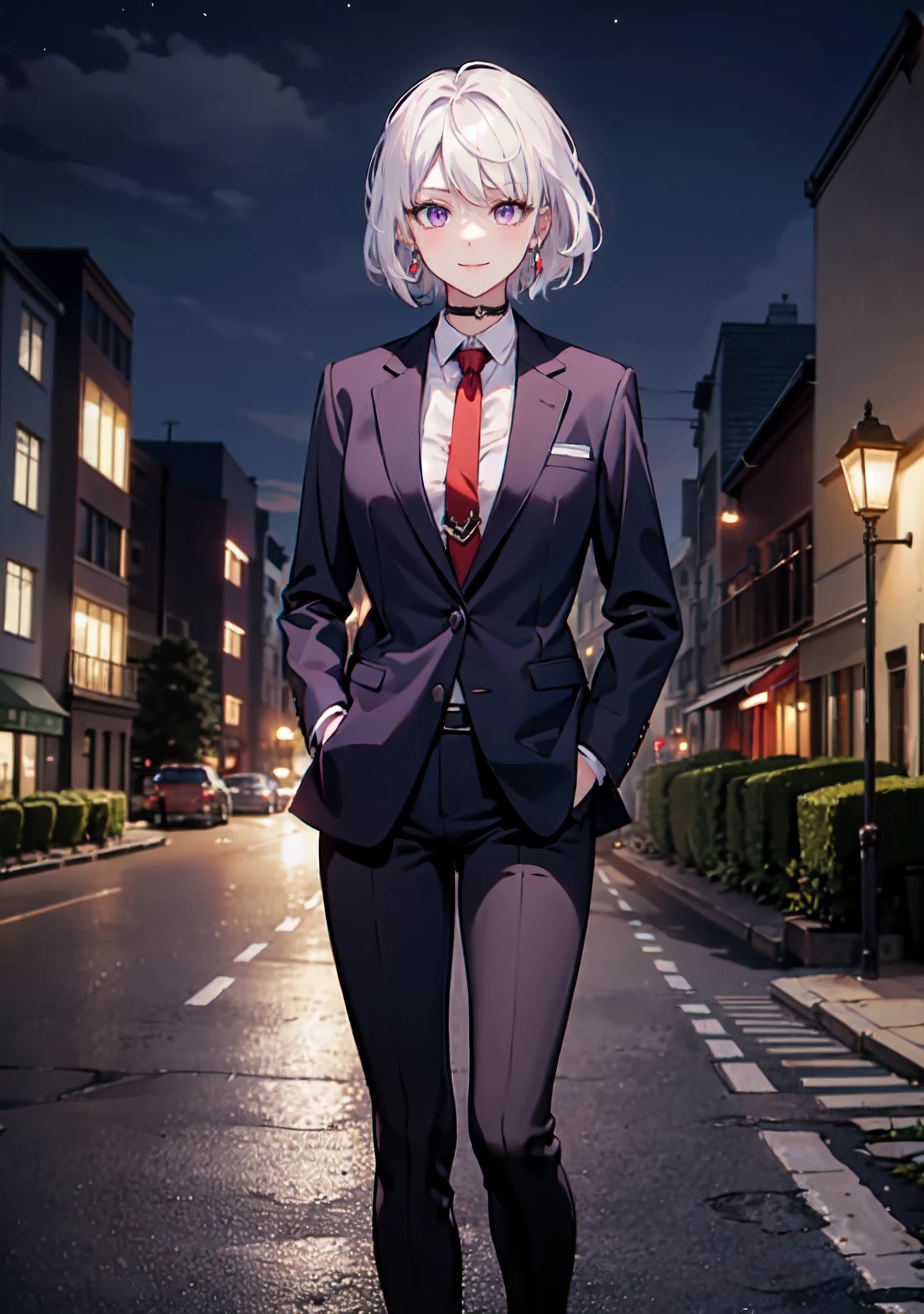 (masterpiece, best quality:1.2), cowboy shot, solo, 1girl, white hair, short wavy hair, purple eyes, (large breasts: 1.2), slender body, light smile, looking at viewer, hands in pockets, formal, dark suit, red necktie, black pants, choker, earrings, cityscape scenery, street, night light,