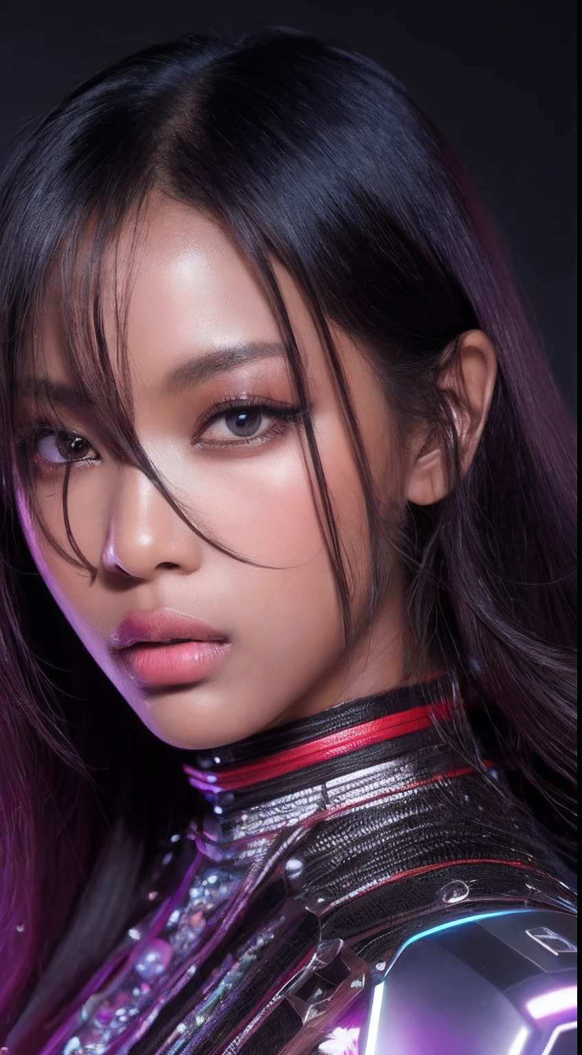 one African model , hair model, Unique hair details, cyberpunk fashion, Near future, Curvilinear details, double eyelid, plump lips, professional makeup, starlight