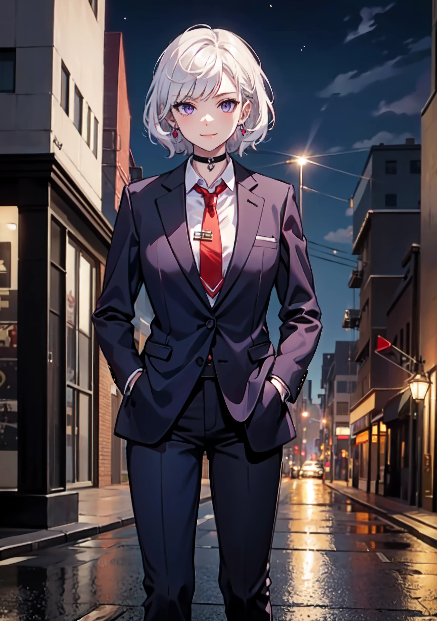 (masterpiece, best quality:1.2), cowboy shot, solo, 1girl, white hair, short wavy hair, purple eyes, (large breasts: 1.2), slender body, light smile, looking at viewer, hands in pockets, formal, dark suit, red necktie, black pants, choker, earrings, cityscape scenery, street, night light,