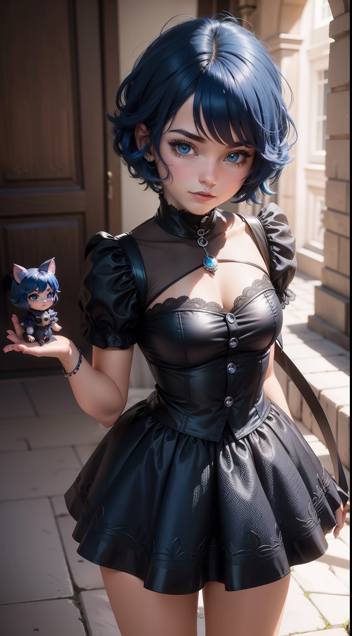 Marinette, personagem joaninha, com uma fantasia catnoir, blue hair