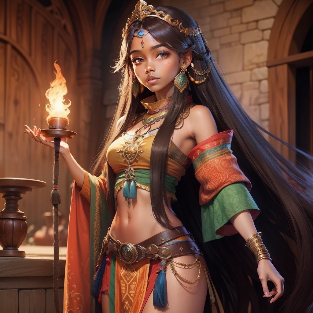 Realistic, photorealistic, high contrast, (Aztec Native Scarlet Witch: 1.1), 4k high definition, intricately detailed, textured skin depicting traditional Aztec tattoos, vibrant red colors, long curly hair adorned with feathers, wearing a traditional Aztec tunic and skirt, holding a staff or wand, (best quality, masterpiece: 1.2), using natural lighting to bring out the depth and texture of the scene.