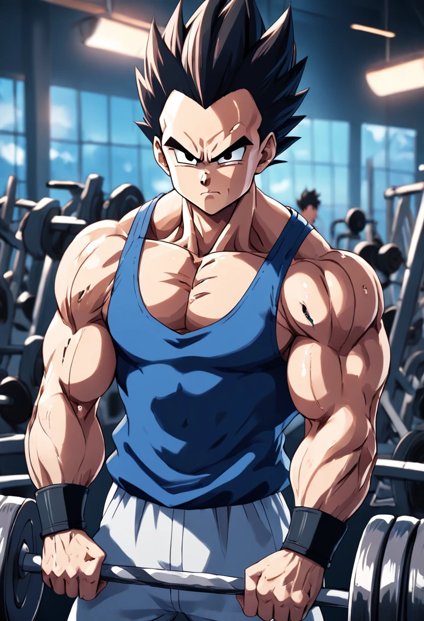 A detailed drawing of Vegeta's intense workout biceps at a bodybuilding gym.