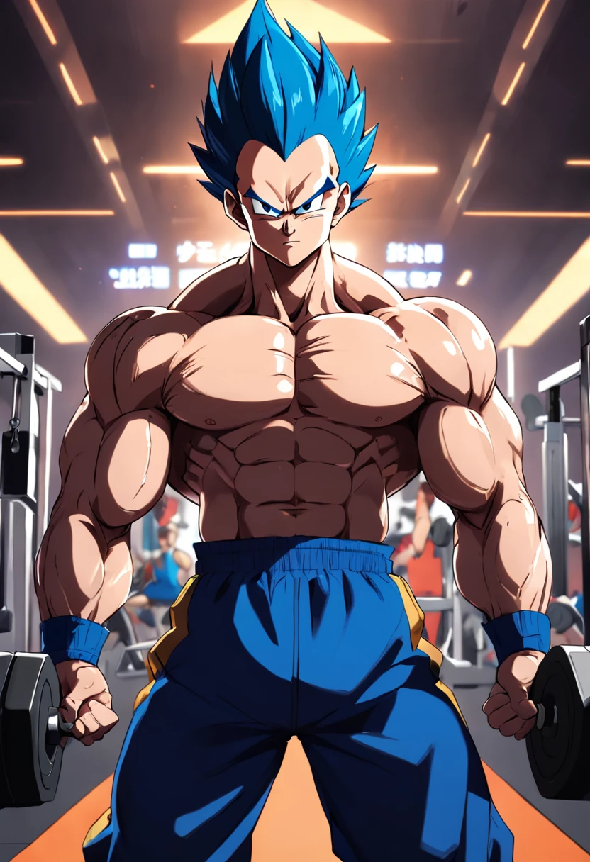 A detailed drawing of Vegeta's intense workout biceps at a bodybuilding gym.