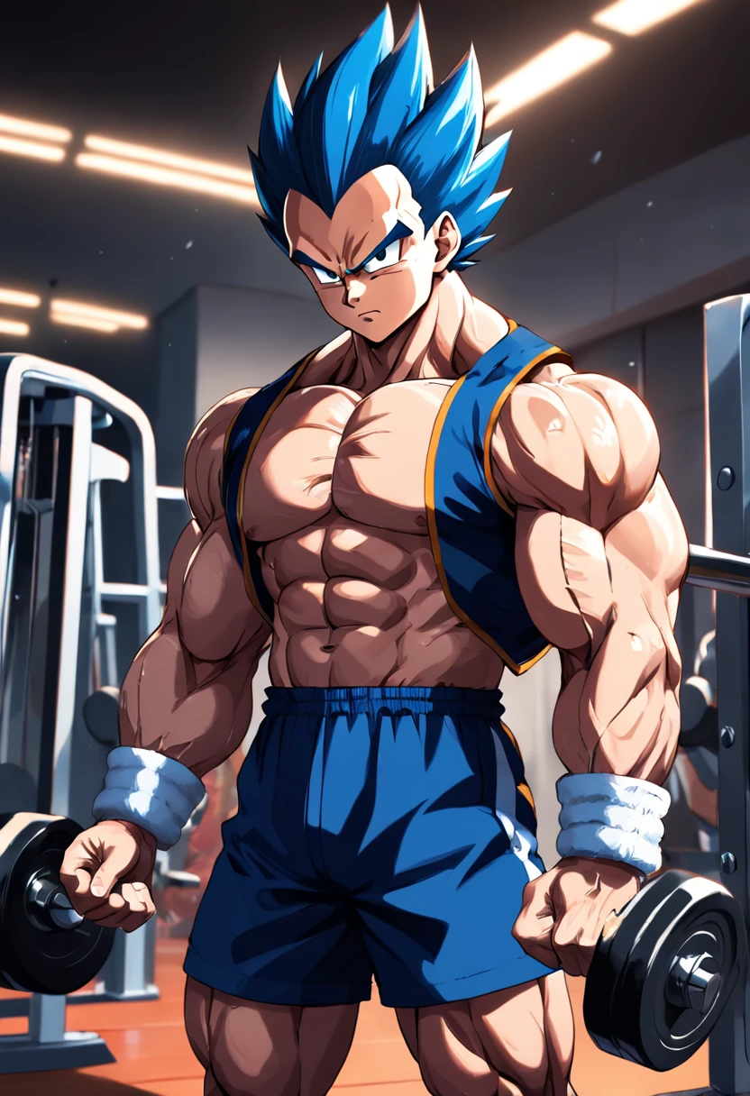 A detailed drawing of Vegeta's intense workout biceps at a bodybuilding gym.