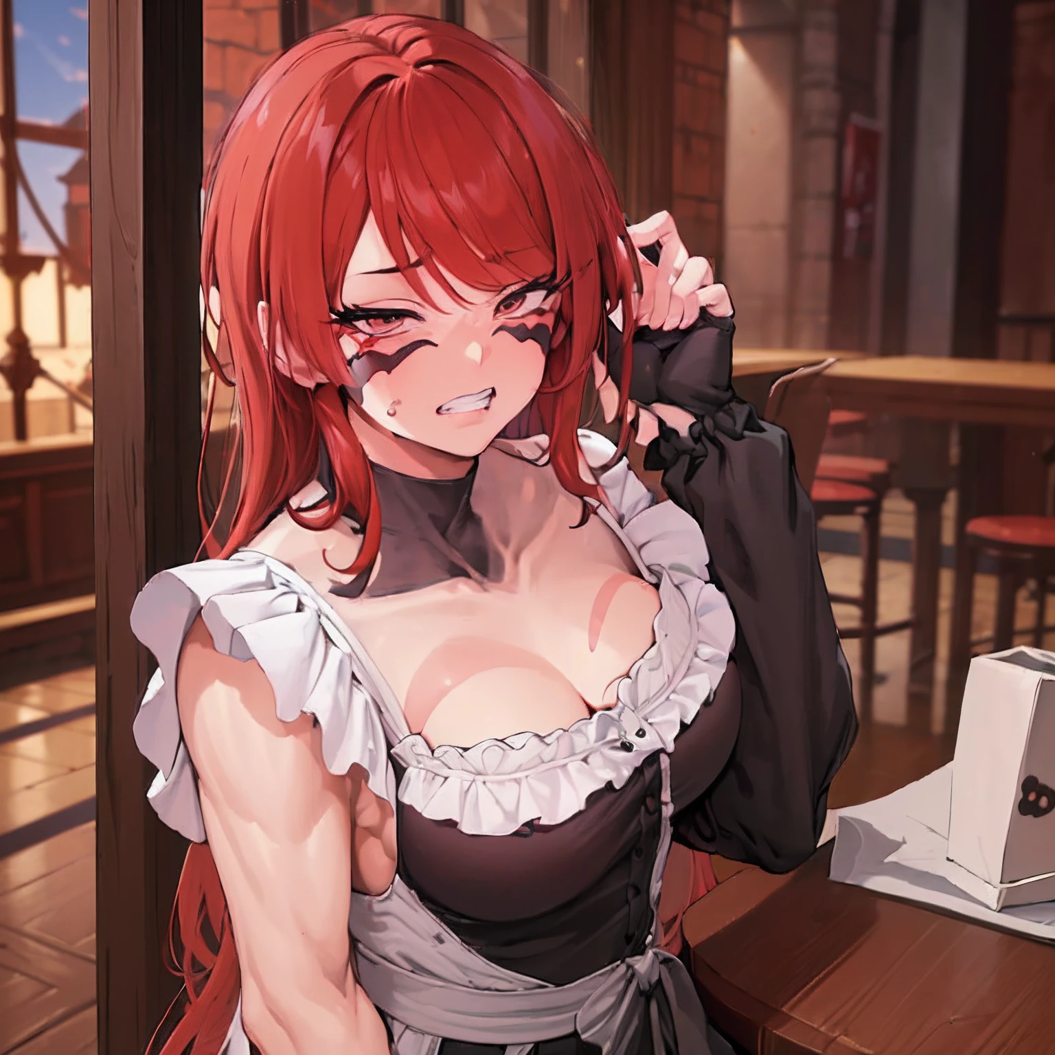 (Best quality:1.3), (Masterpiece:1.3),(High quality:1.1),(absurdes:1.2),Langue source,extremely detailed CG unity 8k wallpaper,, 1vitesse,seulement,coffee shop,Cafe maid,Plaque de maintien, clenched teeth, Froncer les sourcils, full-face blush, Fuuma Kotaro, facing viewer,