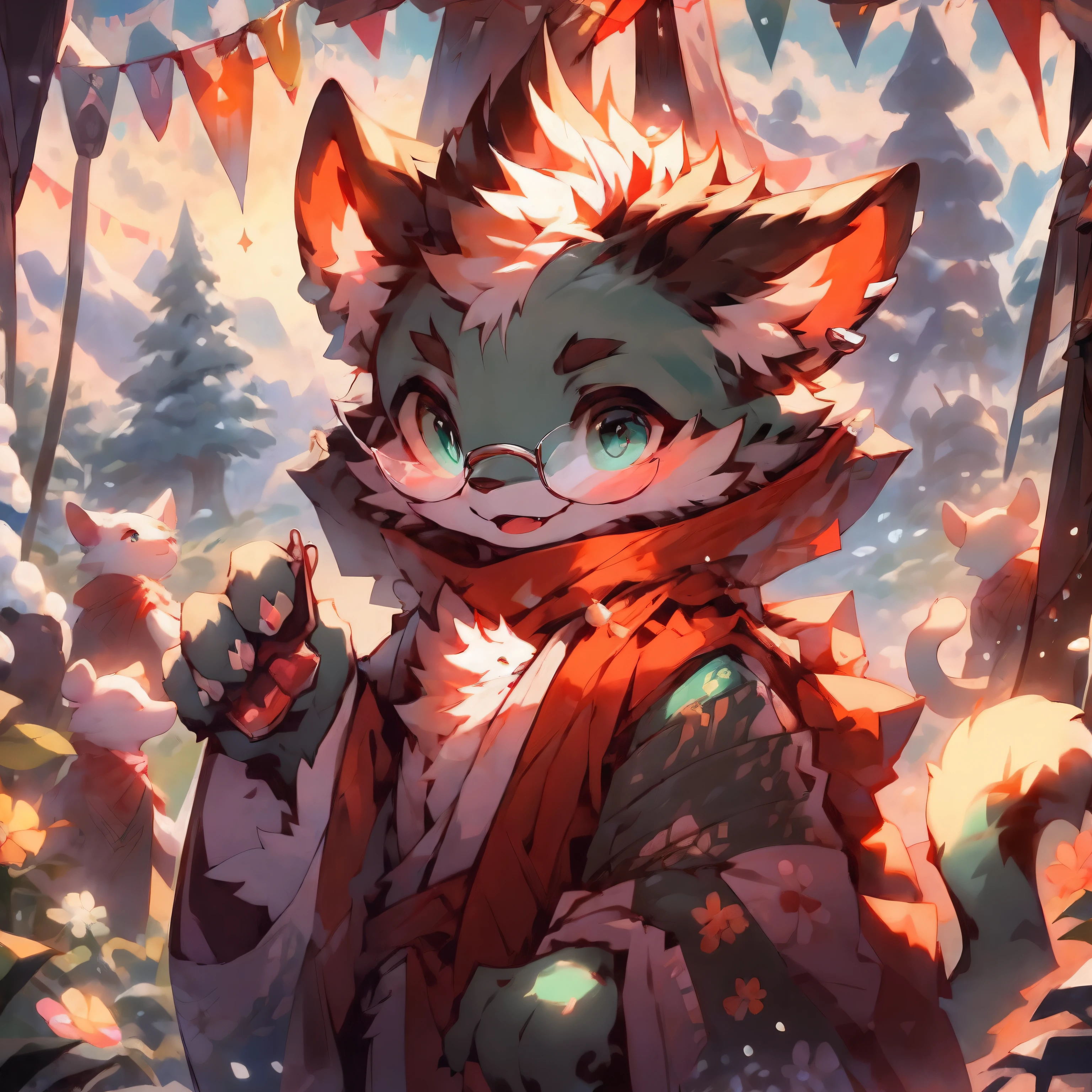 a fully grown and mature adult cat with big circle glasses and a red scarf, a handsome cat fursona with teal fur color, the chest has white fur, white fur around mouth and cheeks, white hair, fluffy black cat ears, fluffy white neck, he is in a snowy place looking up to the snowy sky with a bright smile. snowy landscape. bushy tail, and perked up fluffy big ears. He wears a fluffy warm and cozy kimono, he is holding a warm cup of cacao on one hand, he is reaching out his other hand to the camera. His eyes are bright with wonder as he surveys the snowy woods outside the cabin, a lot of snowflakes falls down from the sky. The fully grown and mature and tall adult cat has a relaxed expression, ready to explore the outside world. the cat is tall. big trees covered by snow in the background, there are colorful fireworks in the snowy sky, there are steep and tall mountains in the background covered in snow, there are wooden houses in the background, and the perspective of view is zoomed out