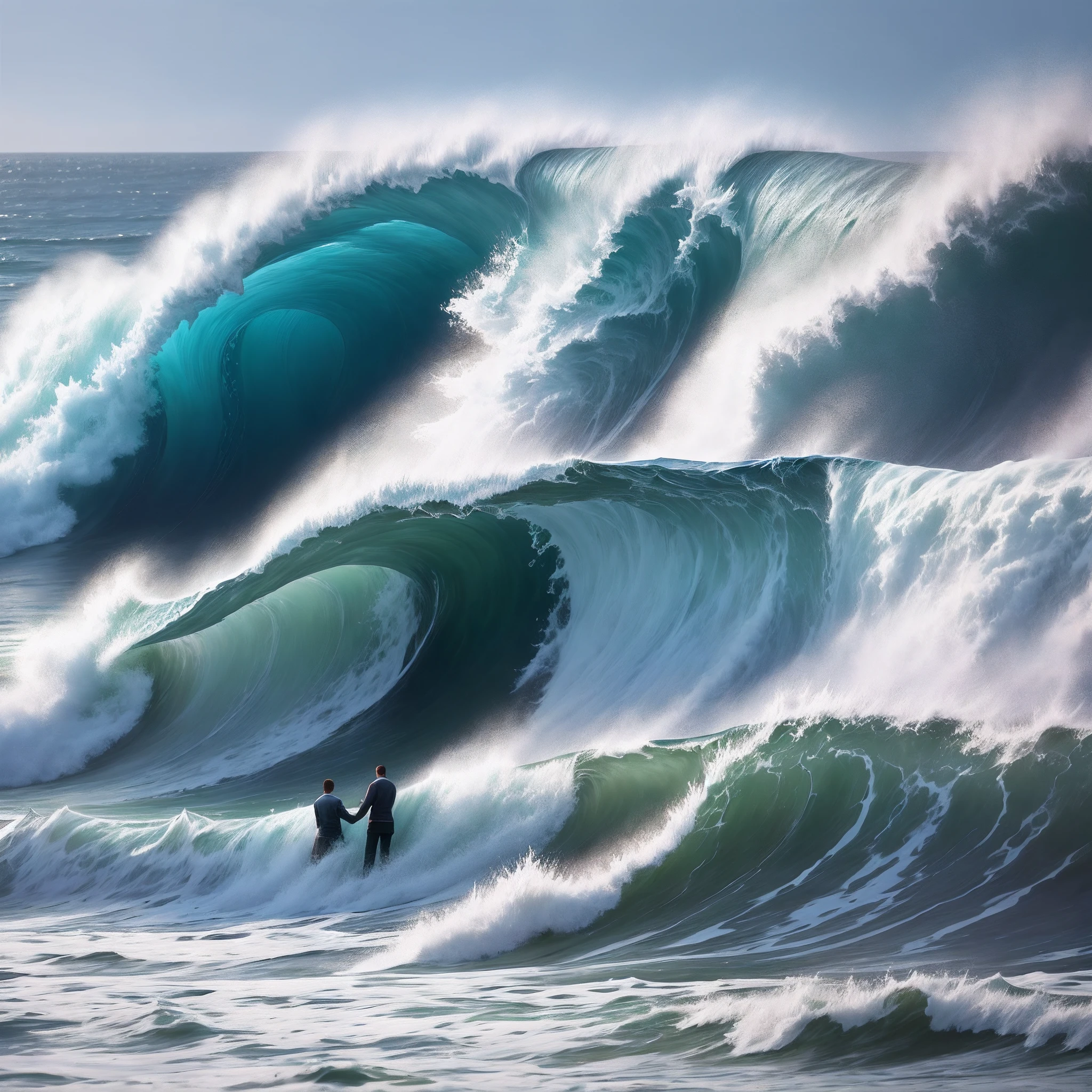 Huge waves crashed，There are three couples clinging to each other below，There was a fog in front of them，There is also a road under the waves that leads to the other end