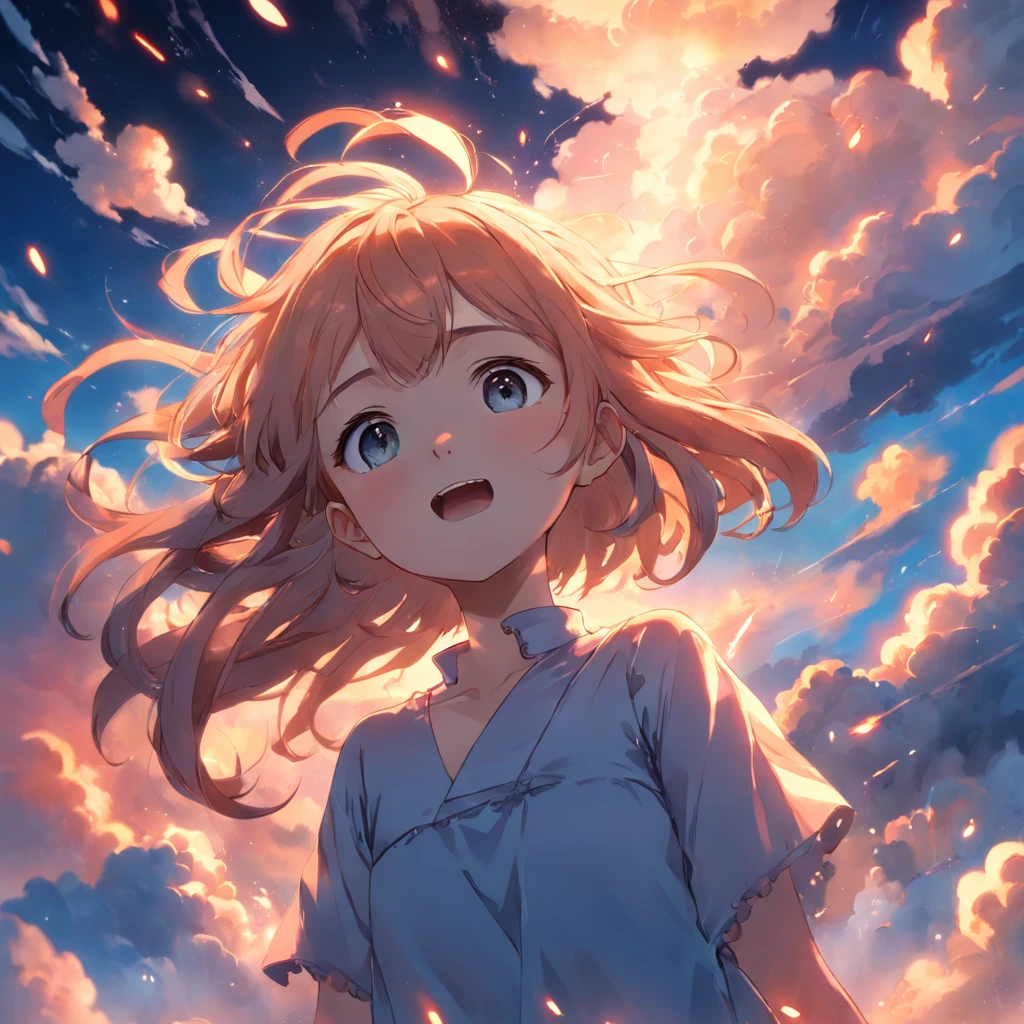 masterpiece, best quality, movie still, 1girl, cloud girl, floating in the sky, close-up, bright, happy, warm soft lighting, sunset, (sparks:0.7)