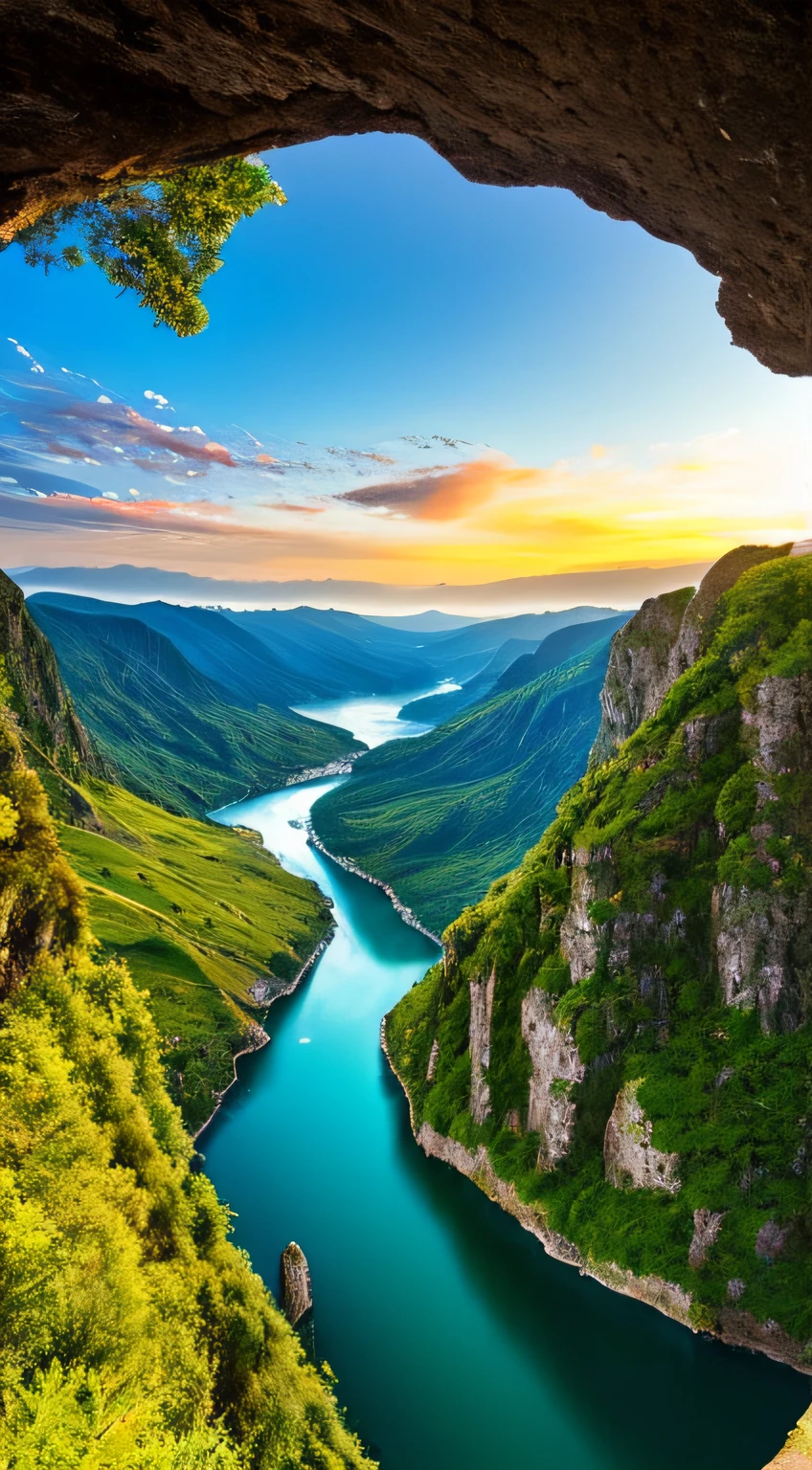 Masterpiece, ultimate quality, Cg unity 8k wallpaper, super delicate, beautiful sky and clouds, rich natural scenery, cliffs, lakes and rivers, waterfalls and flying water, beautiful green mountains, no trace of people, excellent scenery, has already won a photo contest, background Blurring, full depth of field, HDR high dynamics, true restoration, intricate, extreme details, dramatic presentation, perfectly presenting the style of midjourney art.