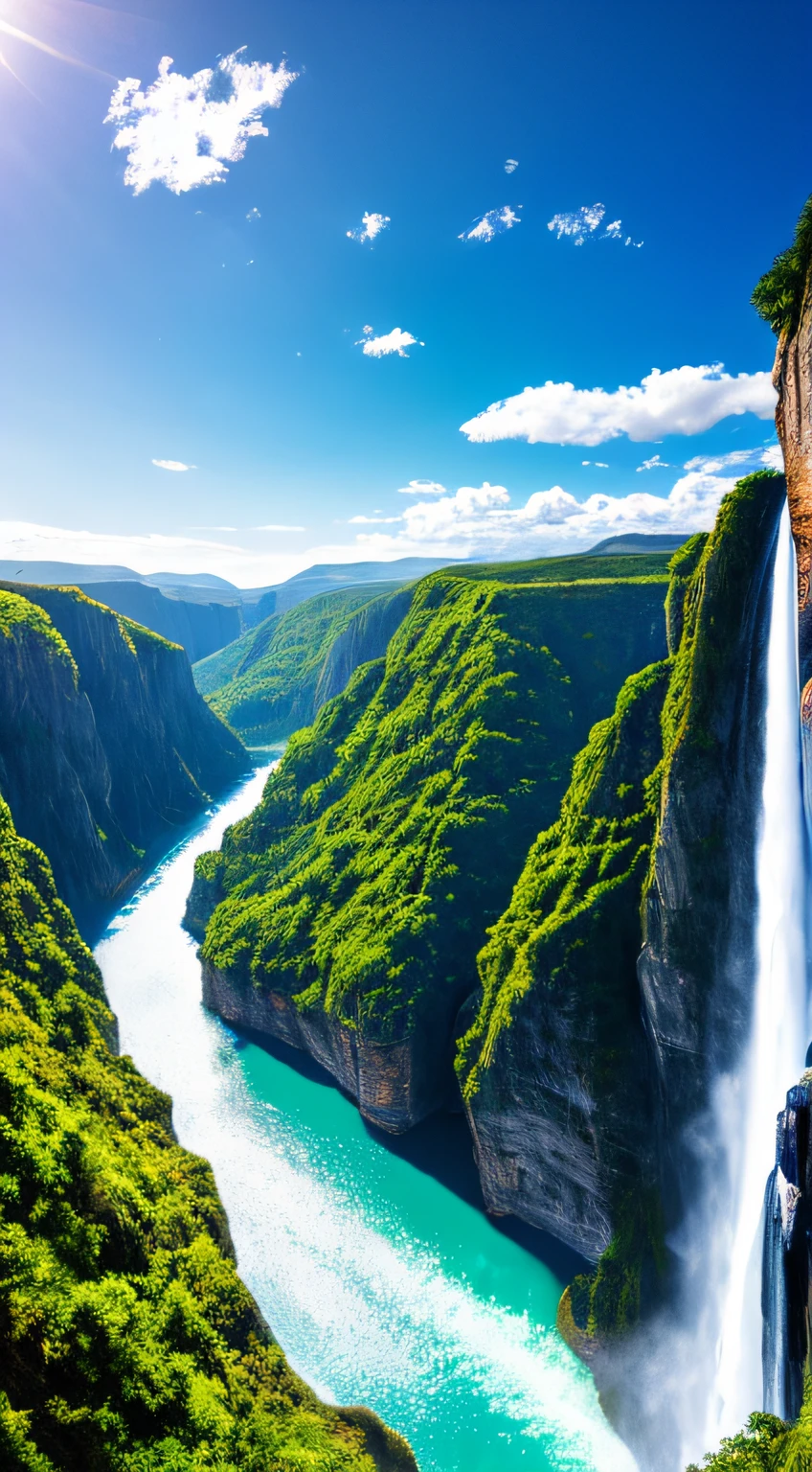 Masterpiece, ultimate quality, Cg unity 8k wallpaper, super delicate, beautiful sky and clouds, rich natural scenery, cliffs, lakes and rivers, waterfalls and flying water, beautiful green mountains, no trace of people, excellent scenery, has already won a photo contest, background Blurring, full depth of field, HDR high dynamics, true restoration, intricate, extreme details, dramatic presentation, perfectly presenting the style of midjourney art.