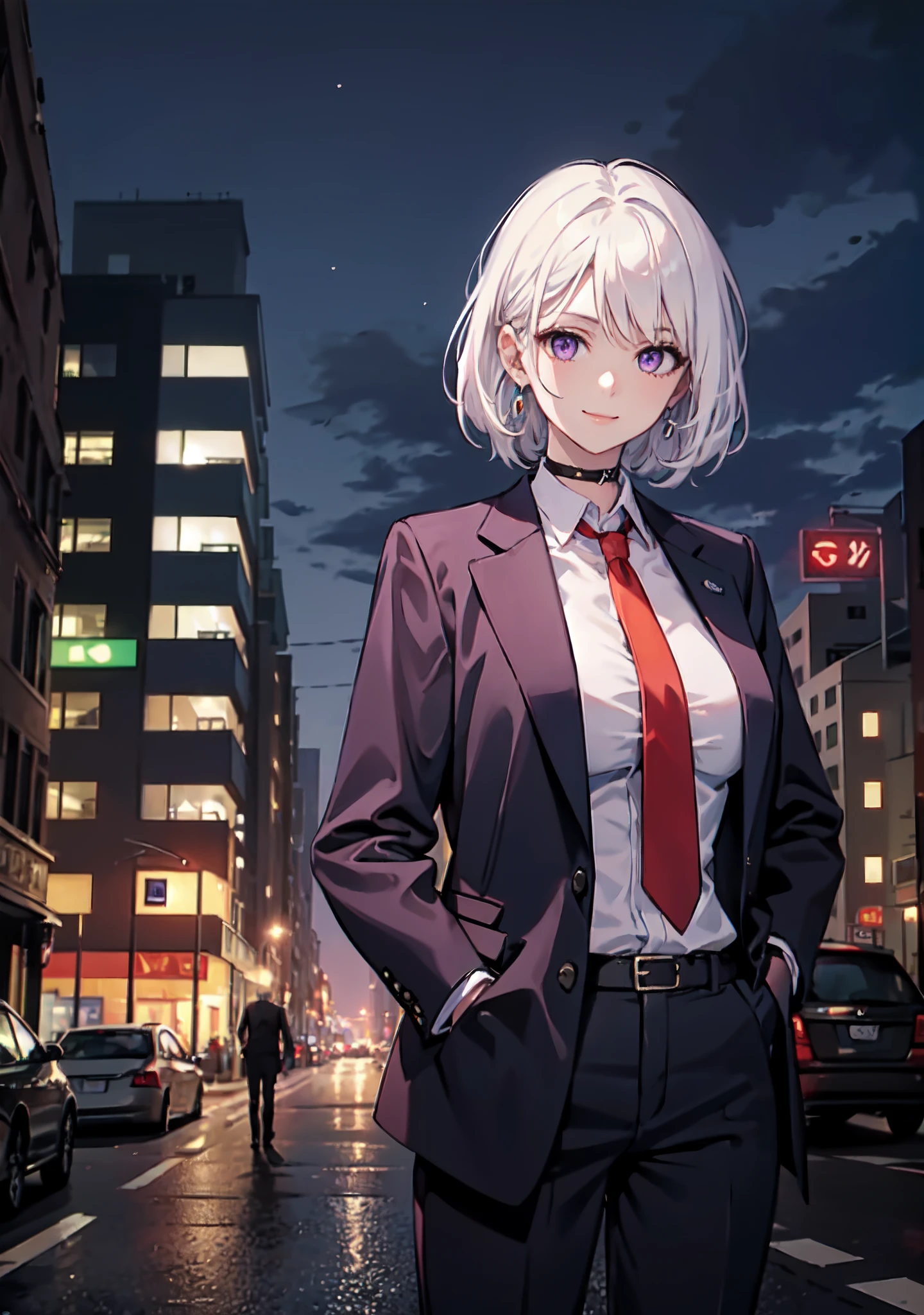 (masterpiece, best quality:1.2), cowboy shot, solo, 1girl, white hair, short wavy hair, purple eyes, (large breasts: 1.2), slender body, light smile, looking at viewer, hands in pockets, formal, dark suit, red necktie, black pants, choker, earrings, cityscape scenery, street, night light,