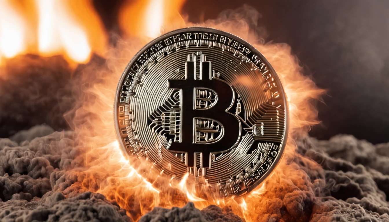 Present Bitcoin cryptocurrency on fire exploding in environment in space