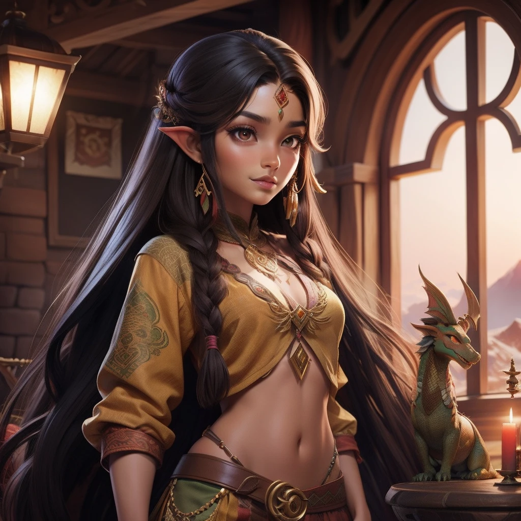 A beautiful brown skin girl with long hair
in the dragon tower with the dragon, hippie clothes, with the dragon
