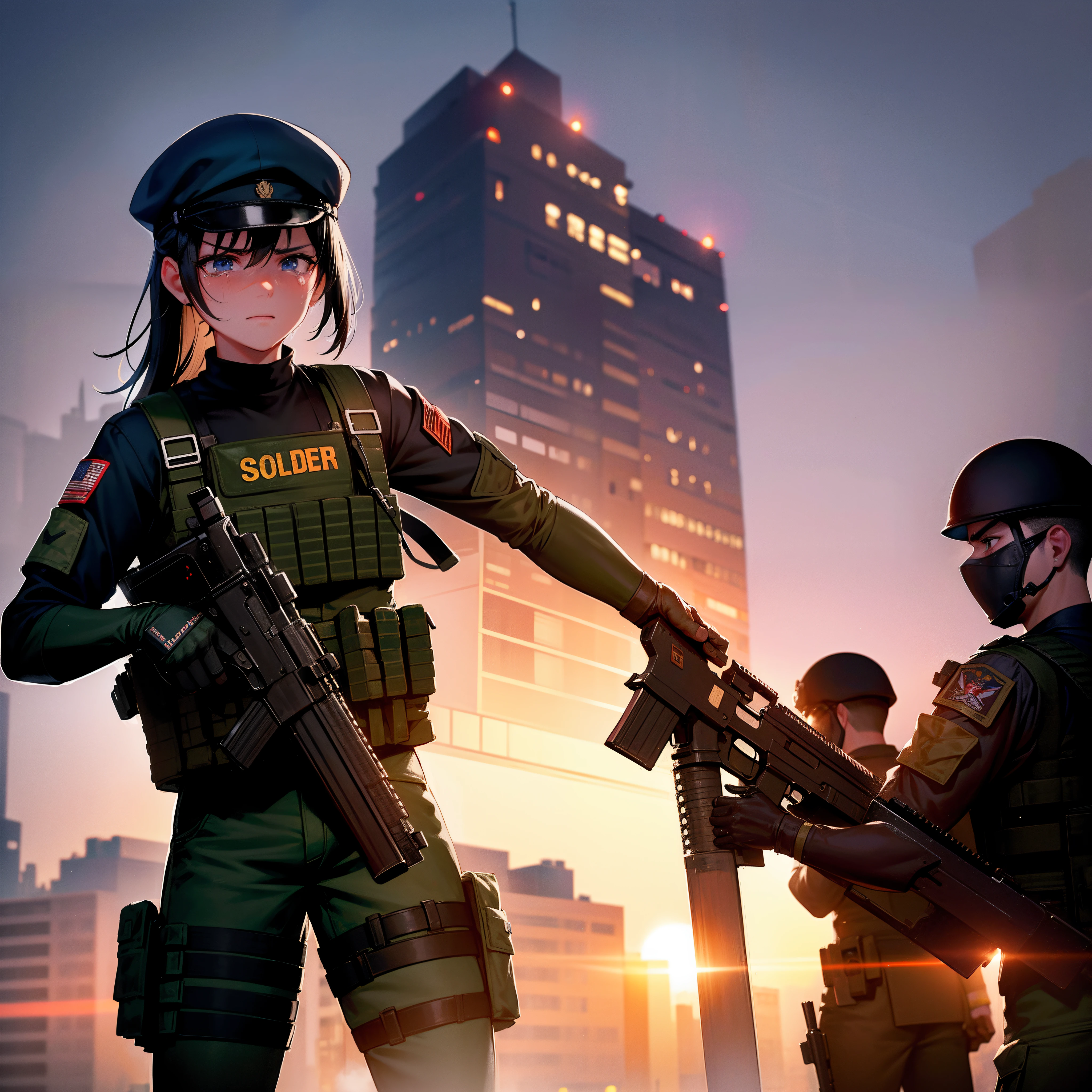 Soldiers , 20 years old , muscular female , Assault rifle , Holding with both hands , Crying , watery eyes ,sorrow , Downtown , Sateen , Overcast , Crying , U.S. SWAT Explosion Rapid Response Team Police Weapons Military Uniform Combat Uniform Protest Violent Protest Suppression Shield Riot Baton Riot Shield