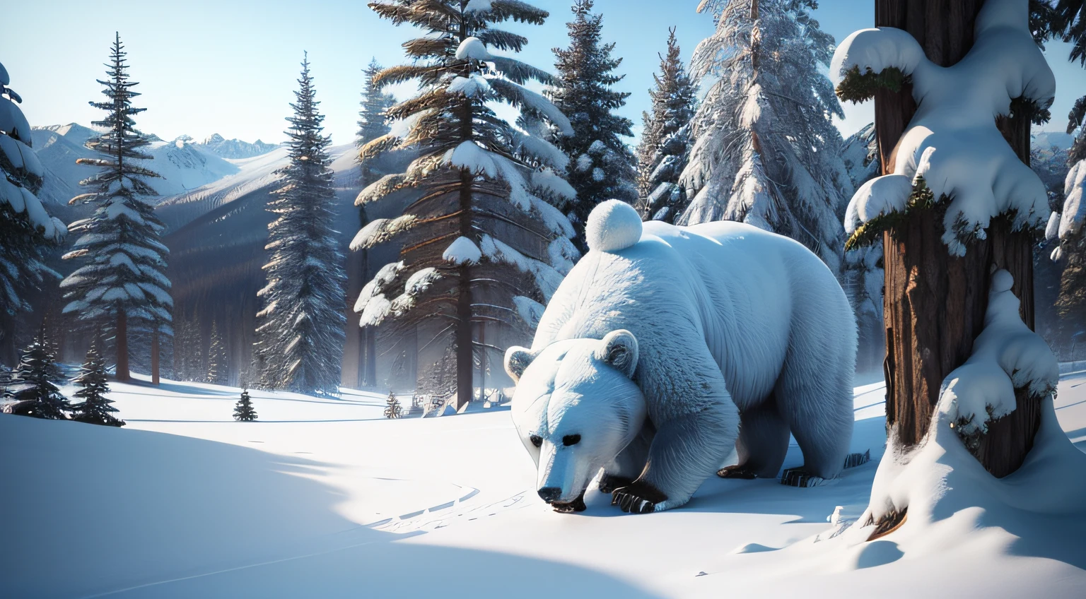 snowfield，The bear hides behind a big tree，over distances，Voyeur view，game footage，The distance is far，Occluded