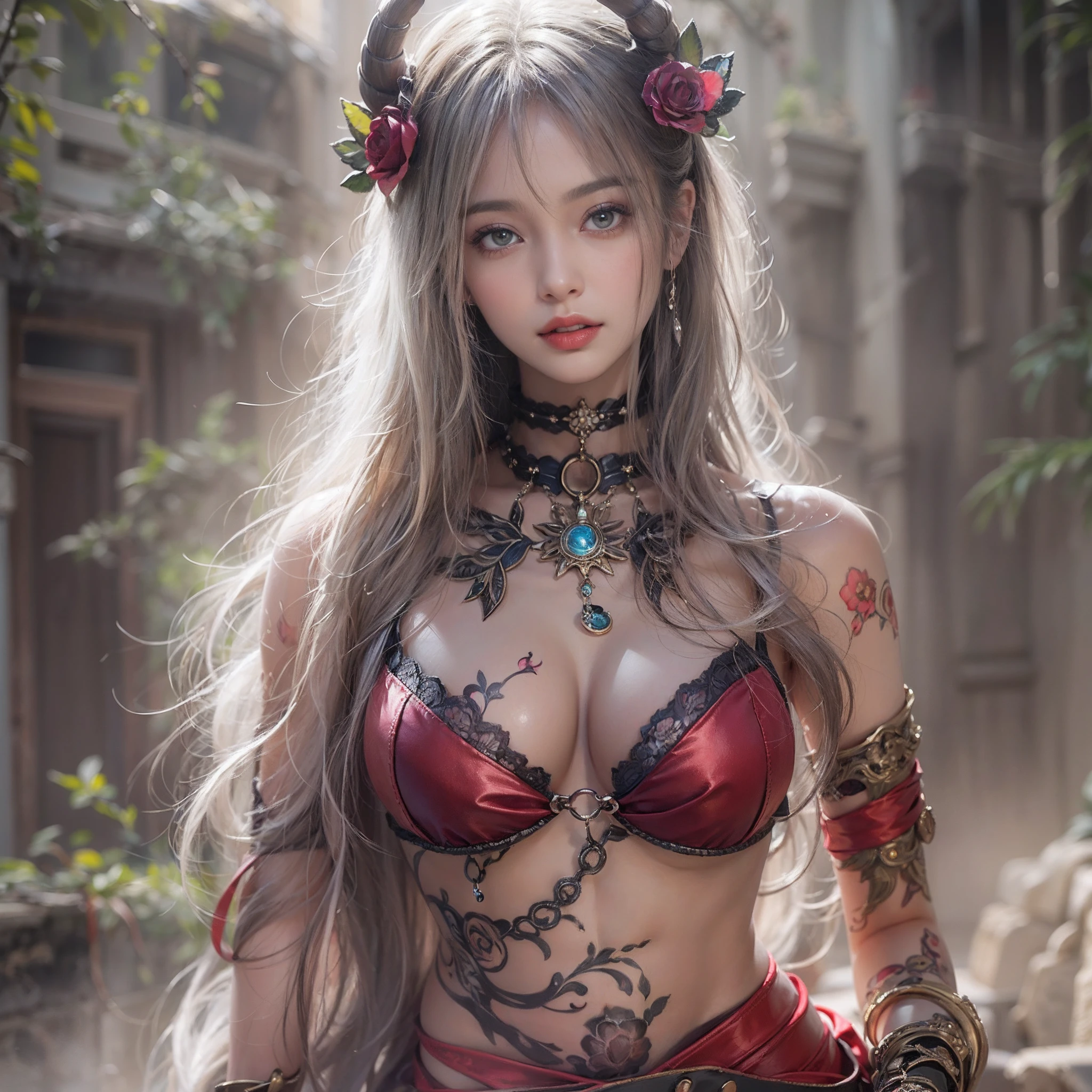 ((masterpiece:1.4)、(top-quality:1.4)、(reallistic:1.7))、a beauty girl、Super sexy girl、Super beautiful girl、((1girl in:1.4))、Shiny natural skin texture、By Luis Royo、age19、Super Ultra Ultra Bikini、Cute tattoos、(Two arms:1.4、Two legs:1.4)、(perfect anatomia:1.4)、(Perfect female body:1.4)、Portrait photo of a girl、Soft front light、beautiful countenance、kawaii faces、Beautiful udder、Colossal tits、Beautiful ass、A detailed eye、Draw eyes clearly and beautifully、beautidful eyes、Narrow waist、Raw photo、red-lips、Red high heels、a choker、a necklace、耳Nipple Ring、1 screen display、Ancient city ruins